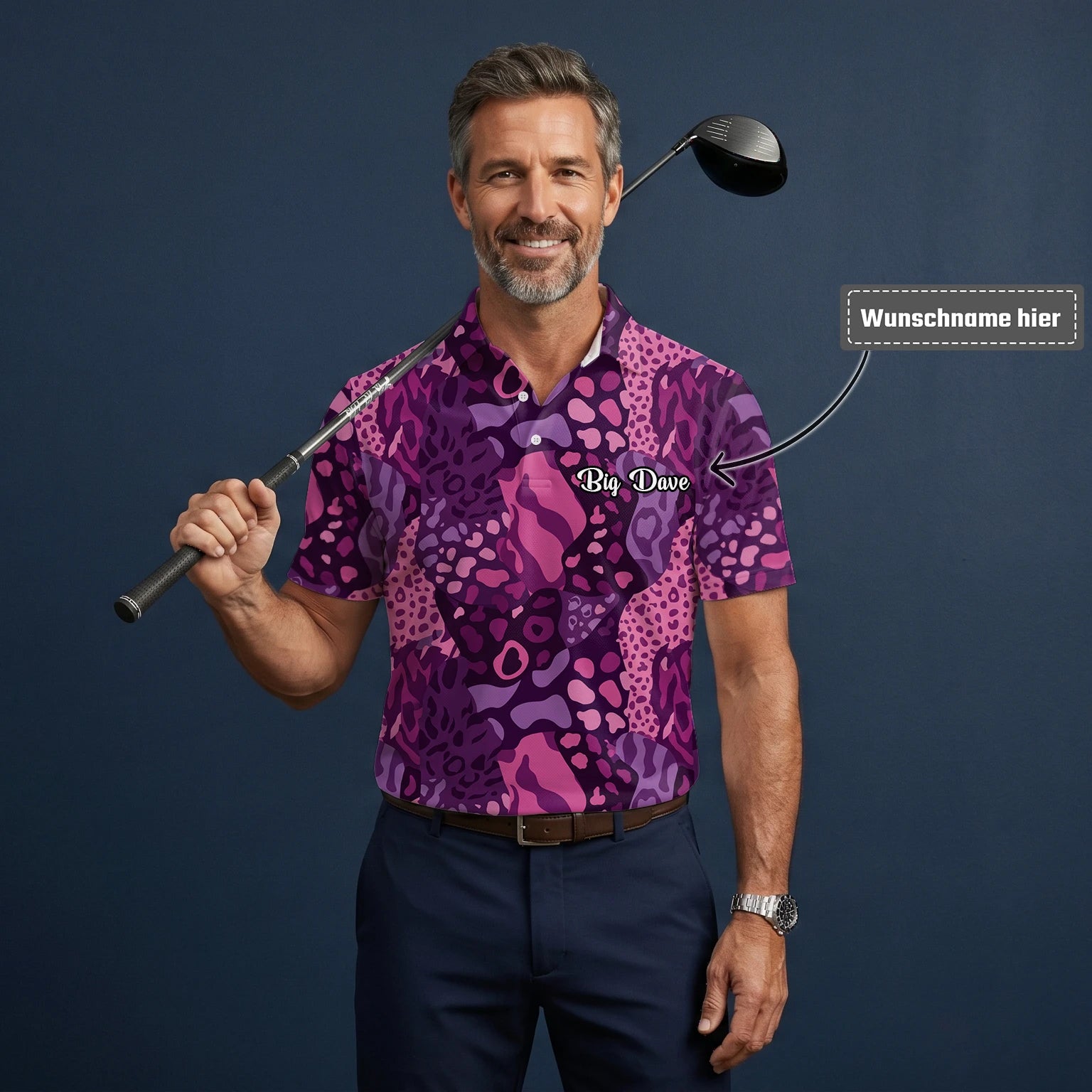 Personalisiertes Golf Poloshirt Lila Rosa Leo Camo Design für Herren I6540