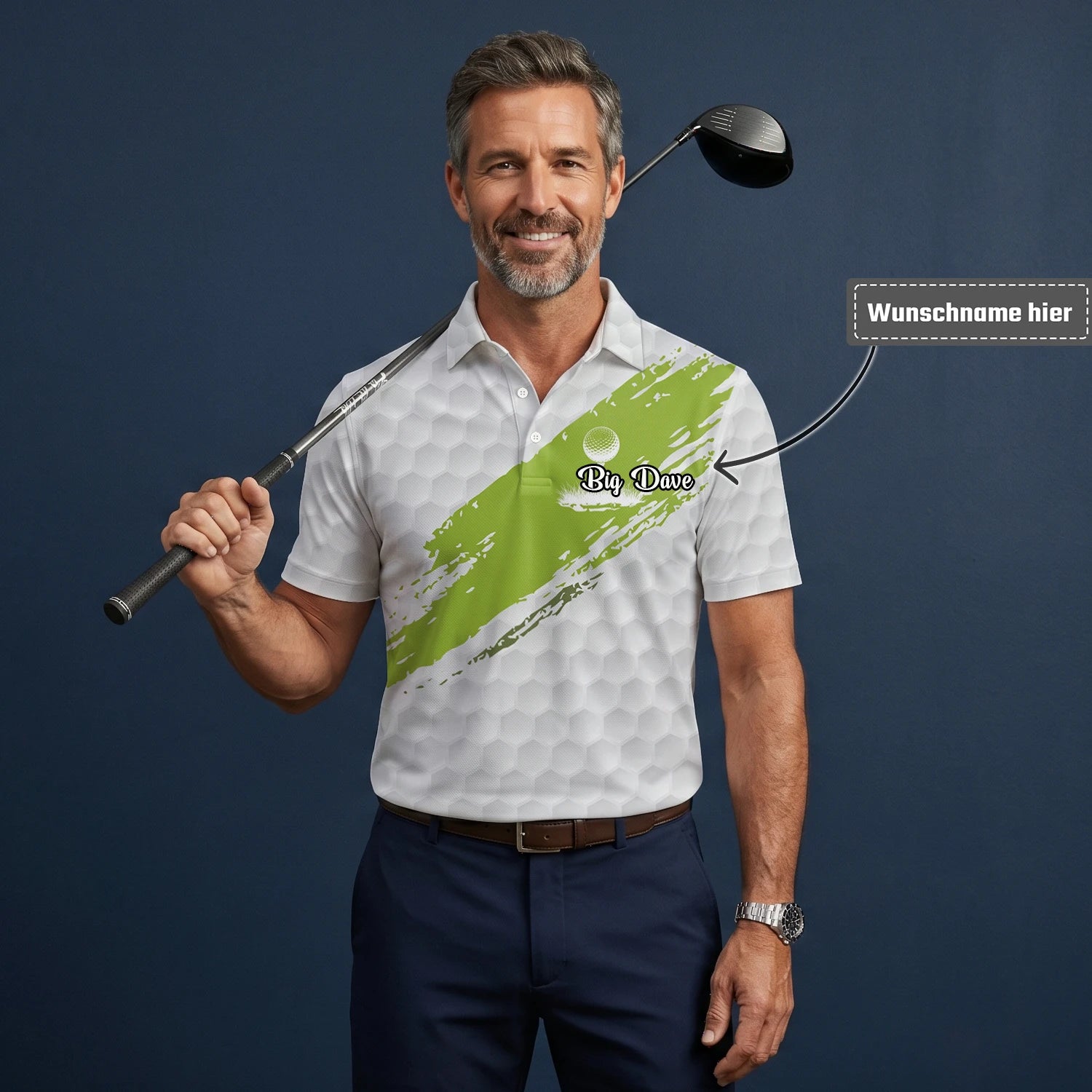 Personalisiertes Golf Poloshirt in Weiß-Limettengrün mit Golfball-Textur und Pinselstrich für Herren M6914
