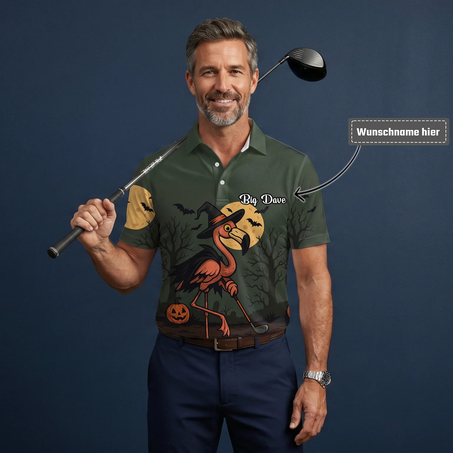 Personalisiertes Golf Poloshirt Olivgrünes Halloween Flamingo Hexe Golfer Kürbis Design für Herren X5811