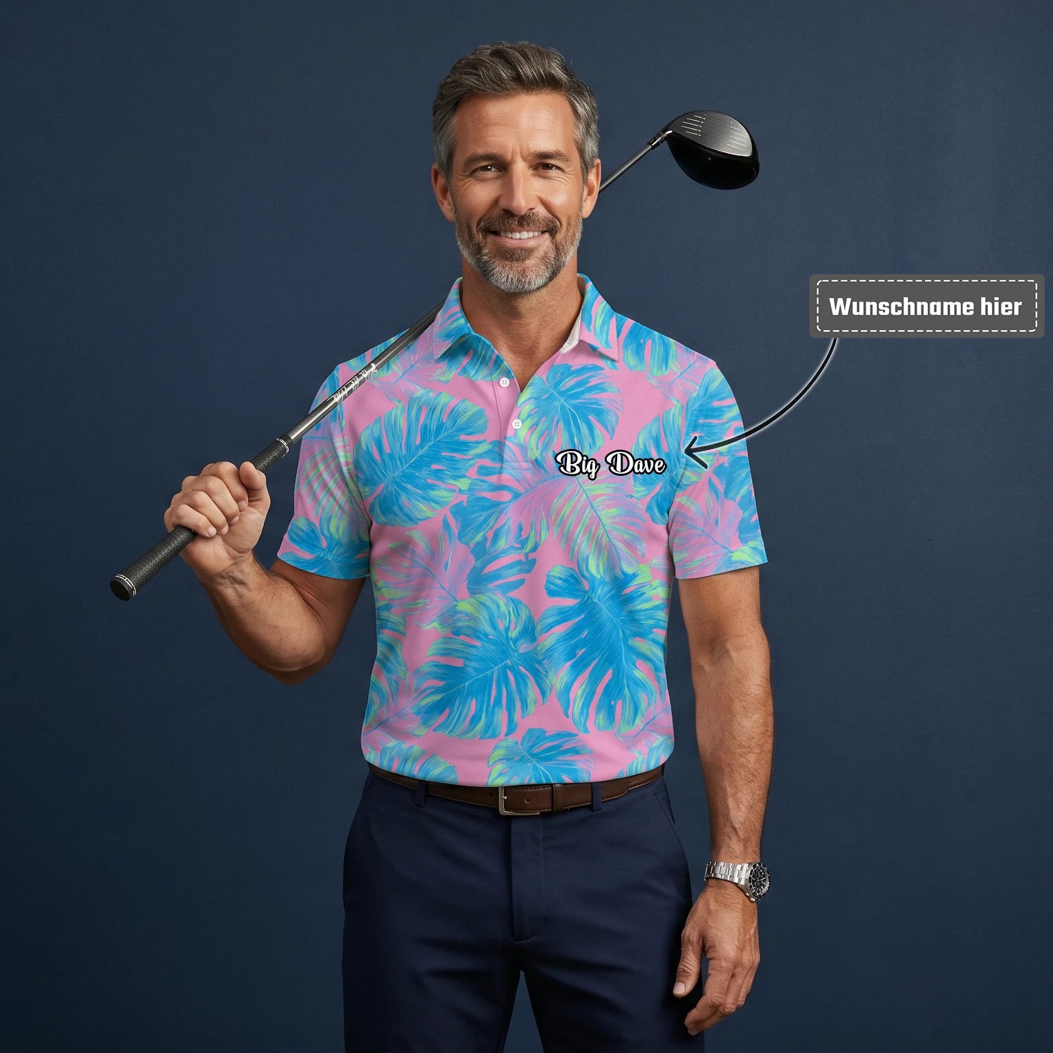Personalisiertes Golf Poloshirt Rosa Türkis Tropisches Monstera Blätter Design für Herren C8385