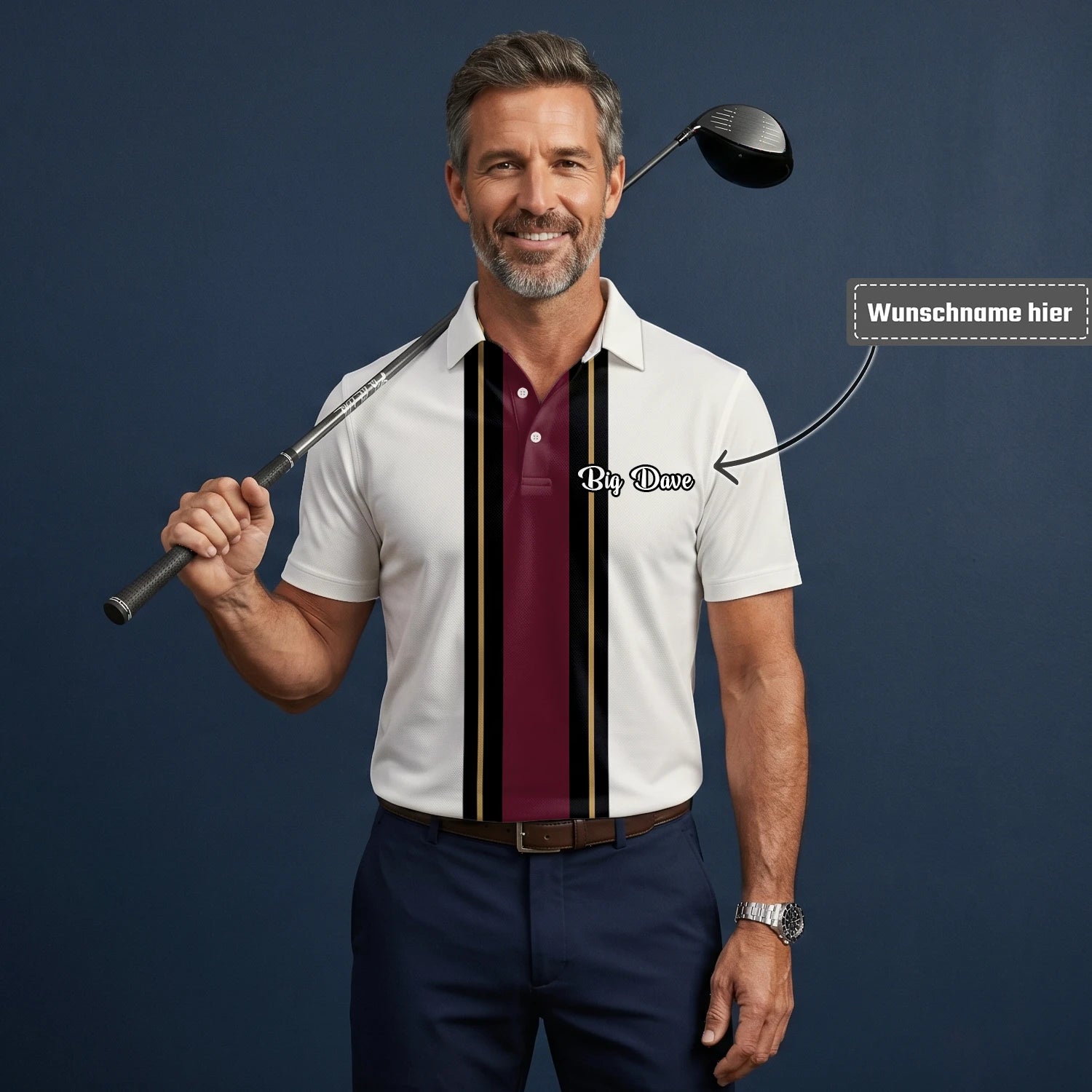 Personalisiertes Golf Poloshirt Weiß Bordeaux Schwarzes Rennstreifen Design für Herren G7028