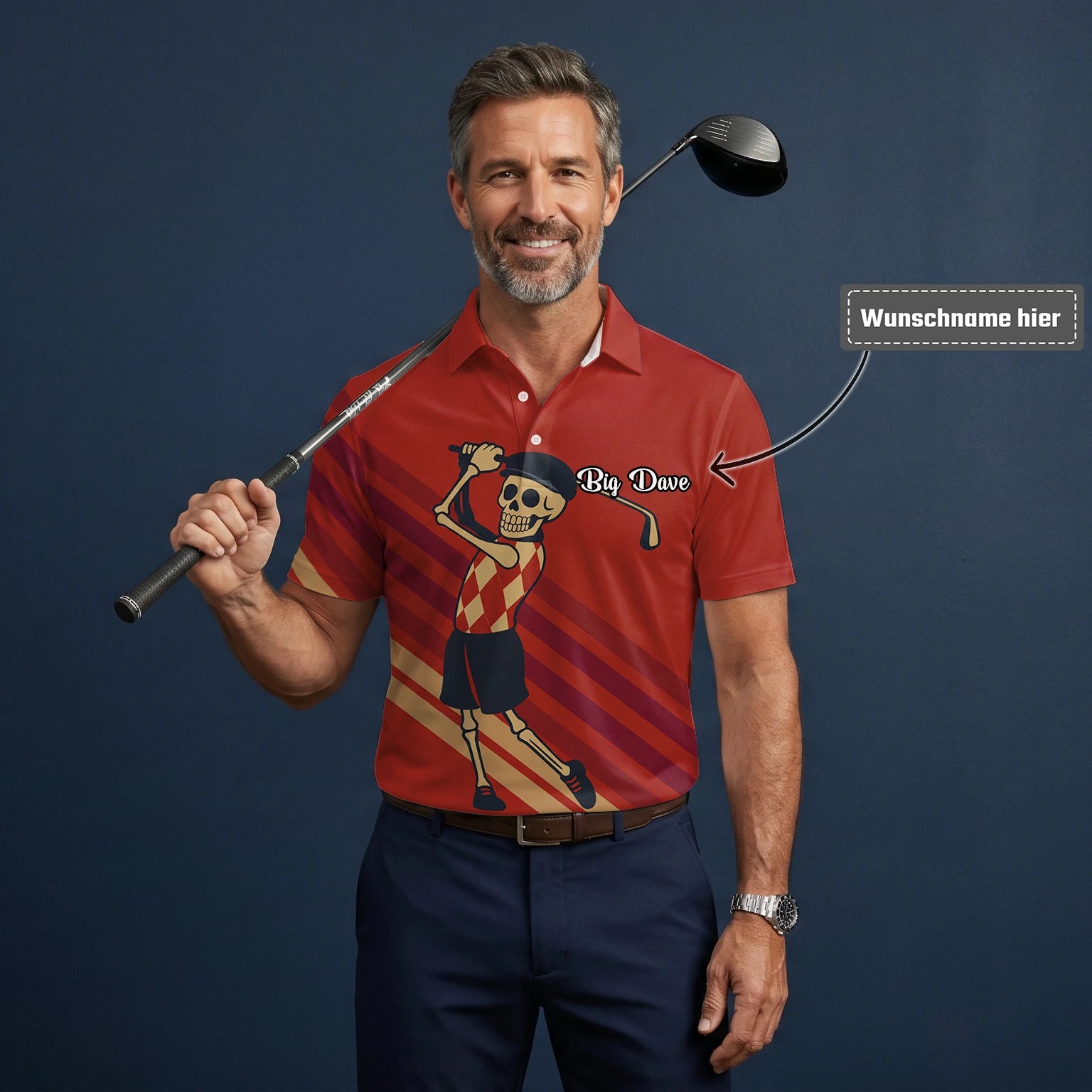 Personalisiertes Golf Poloshirt Rotes Skelett Golfer Cartoon Design für Herren F3648