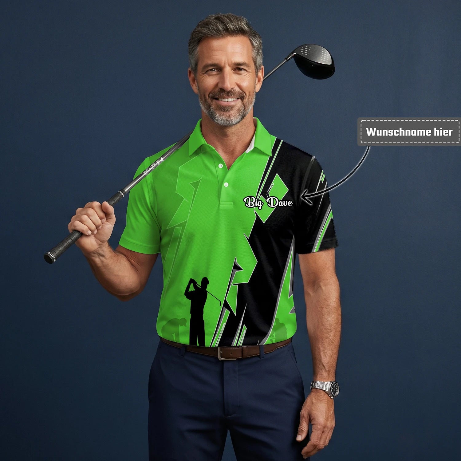 Personalisiertes Golf Poloshirt Limettengrünes Golfer Silhouetten Blitz Design für Herren V5316