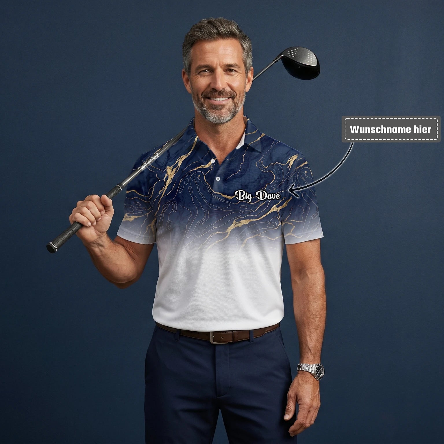 Personalisiertes Golf Poloshirt Marineblau Weißes Marmor Goldadern Design für Herren U5613