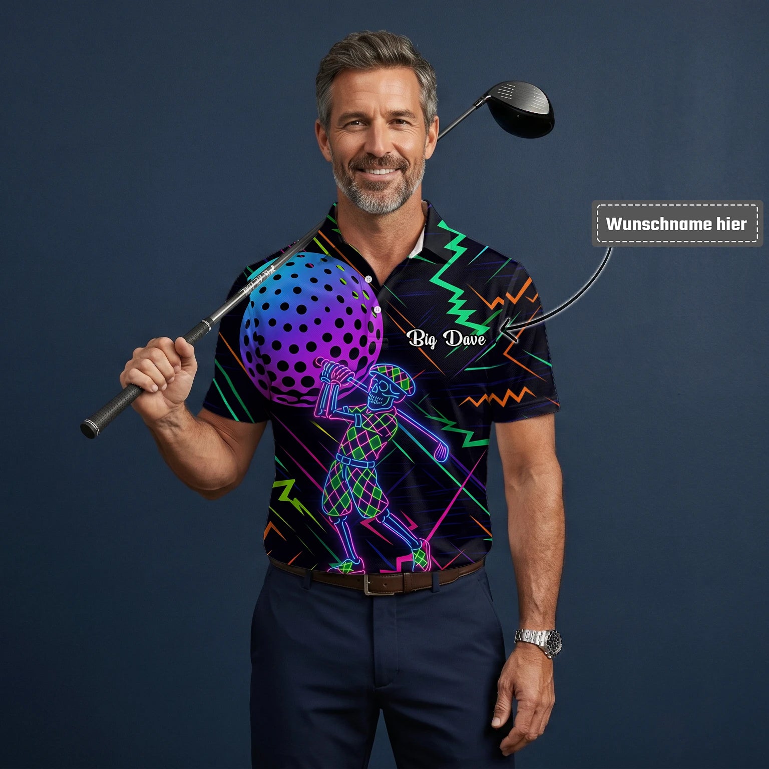 Personalisiertes Golf Poloshirt Schwarz Neon Golfer Wireframe Design für Herren L1481