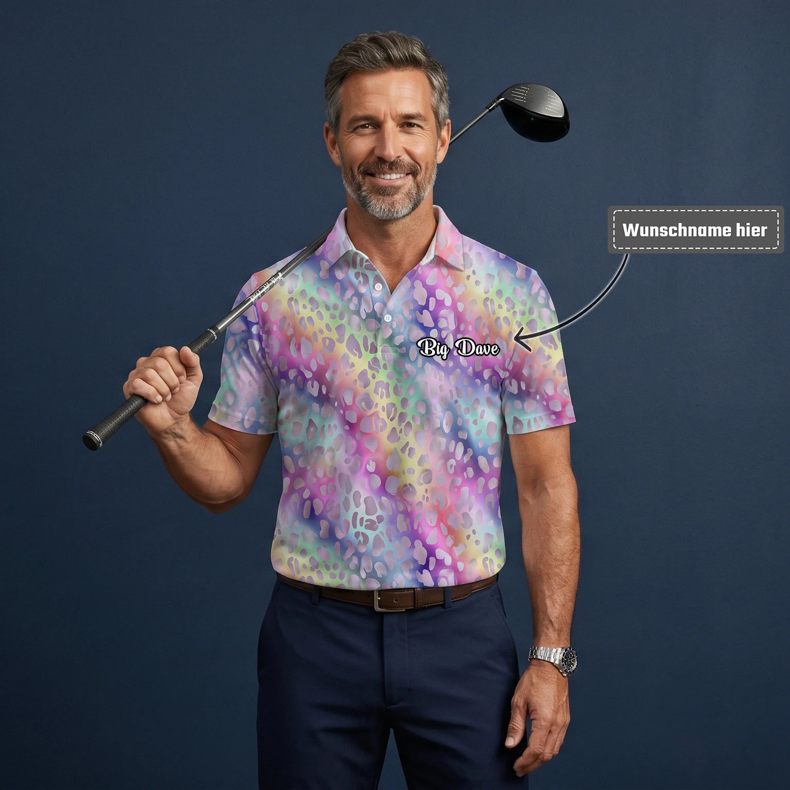 Personalisiertes Golf Poloshirt Pastell Regenbogen Leo Print Design für Herren E5373