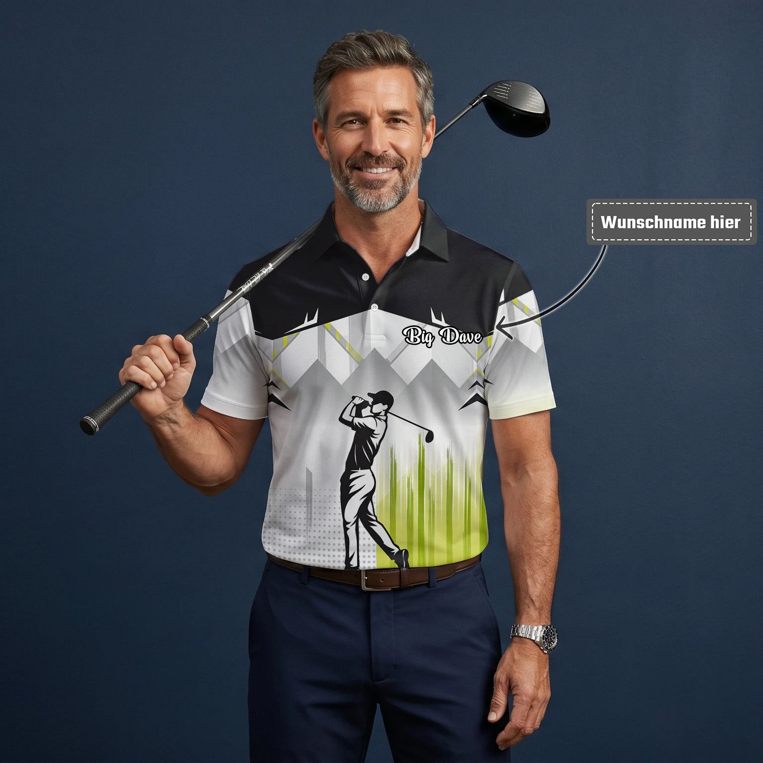 Personalisiertes Golf Poloshirt Schwarz Grau Limettengrünes Golfer Silhouetten Design für Herren F4552
