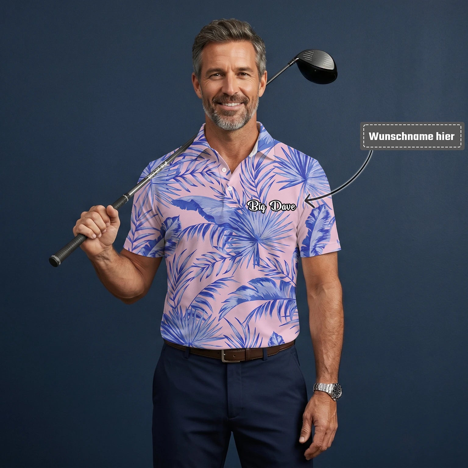 Personalisiertes Golf Poloshirt Rosa Lavendel Tropisches Palmenblätter Design für Herren M3354