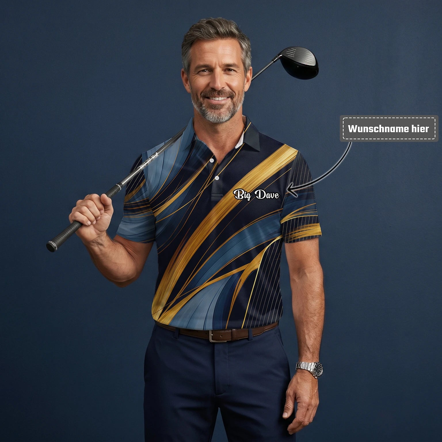 Personalisiertes Golf Poloshirt in Marineblau-Gold mit abstraktem Bänder-Design für Herren V6882