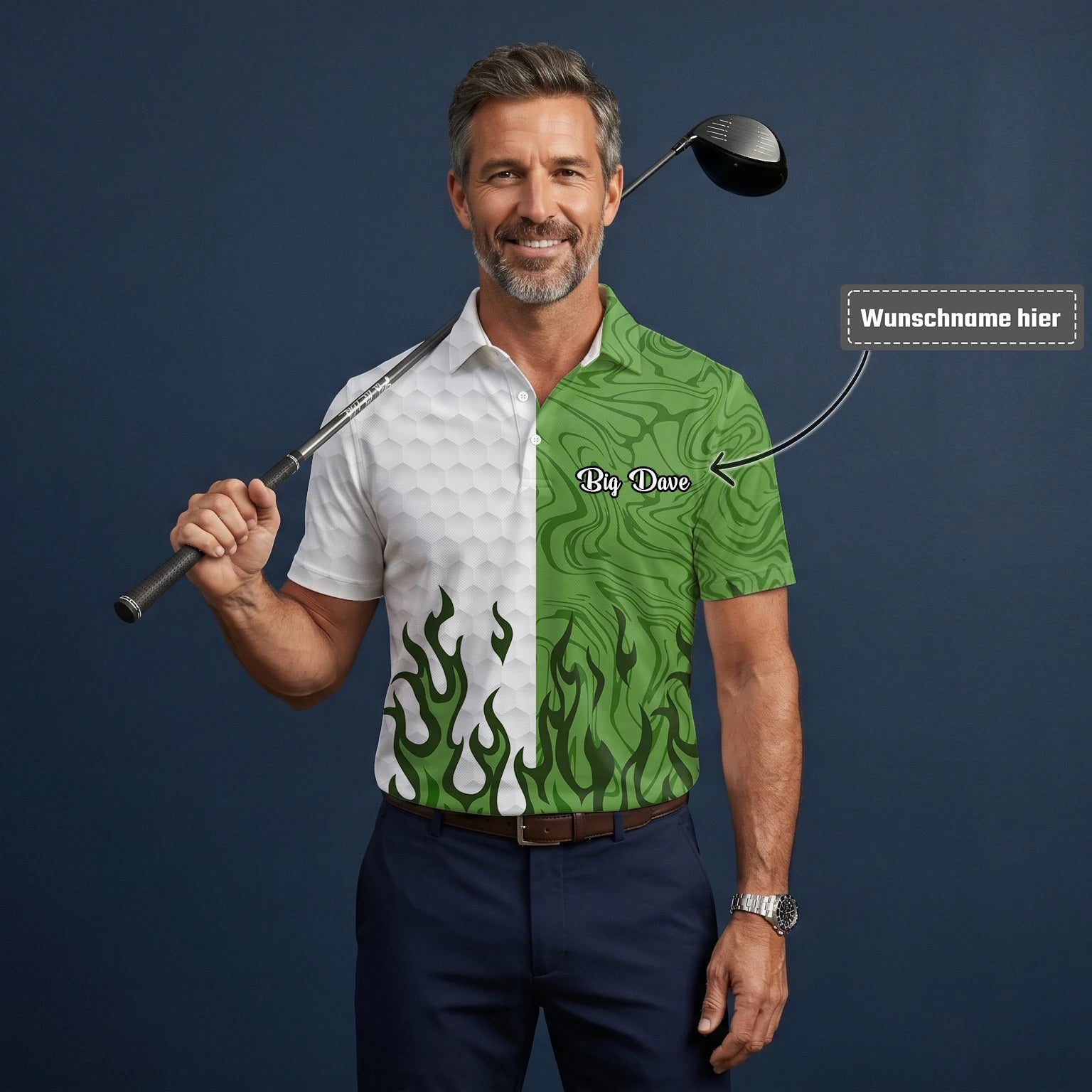 Personalisiertes Golf Poloshirt Weiß Grünes Flammen Marmor Design für Herren D2353