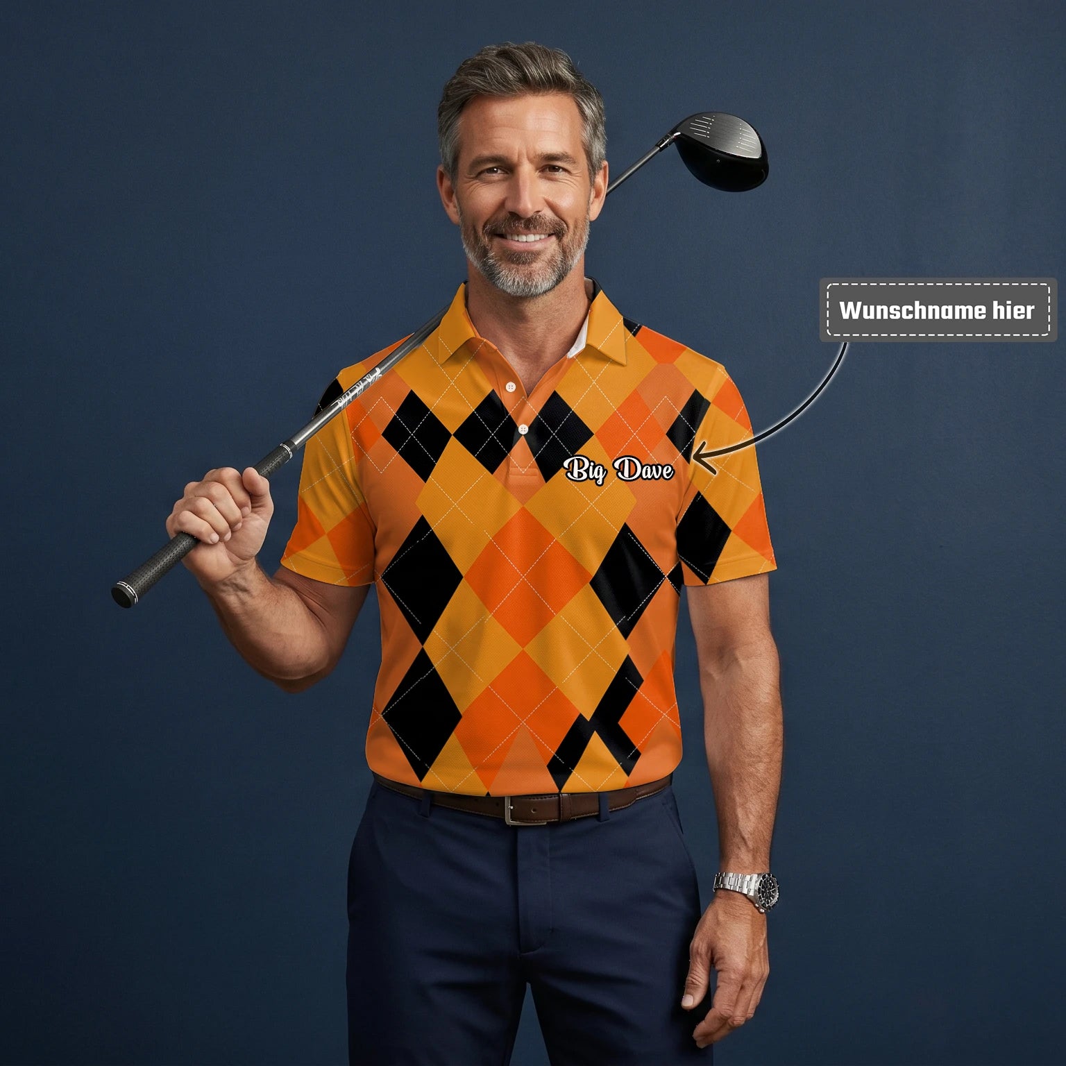 Personalisiertes Golf Poloshirt Orange Schwarzes Rauten Muster für Herren C4203