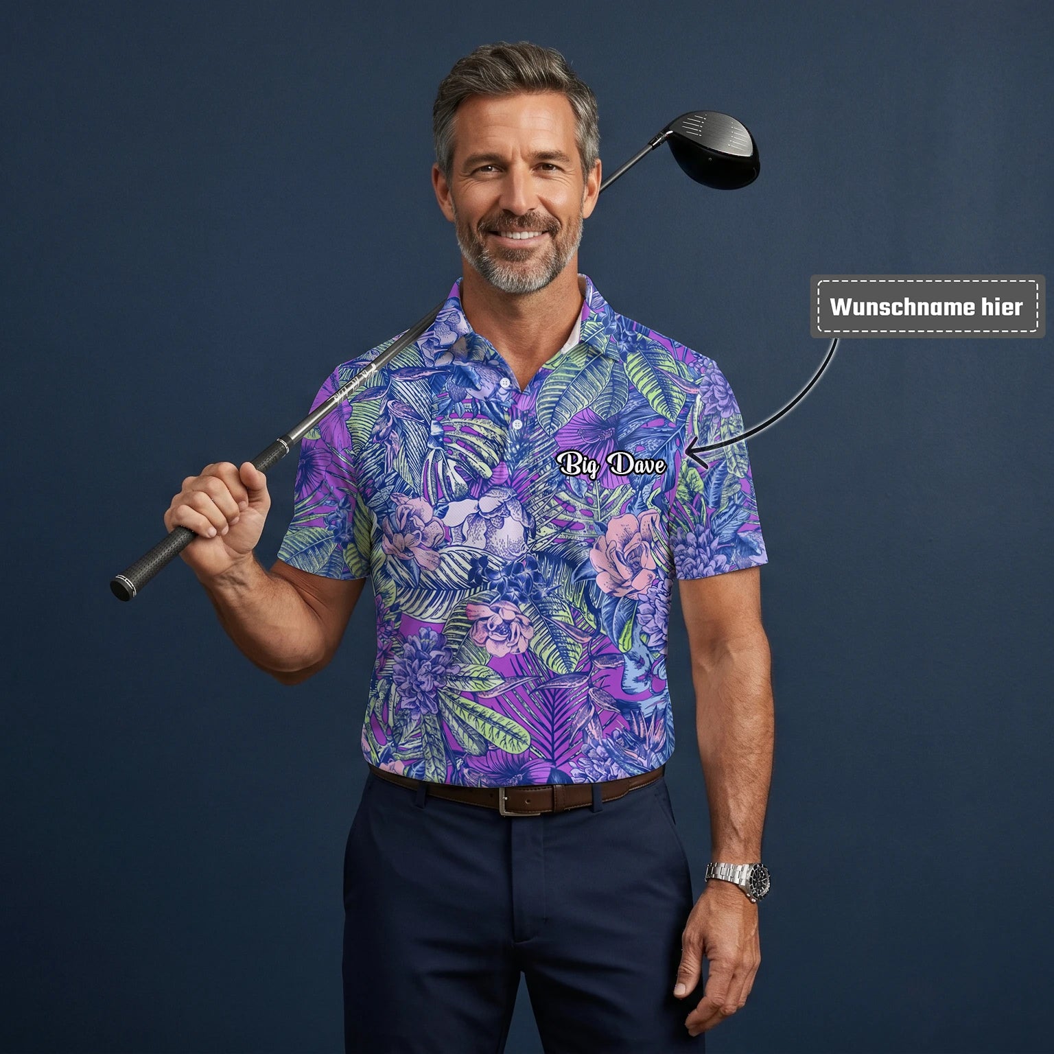 Personalisiertes Golf Poloshirt Lila Blaues Tropisches Blumen Blätter Design für Herren B8037