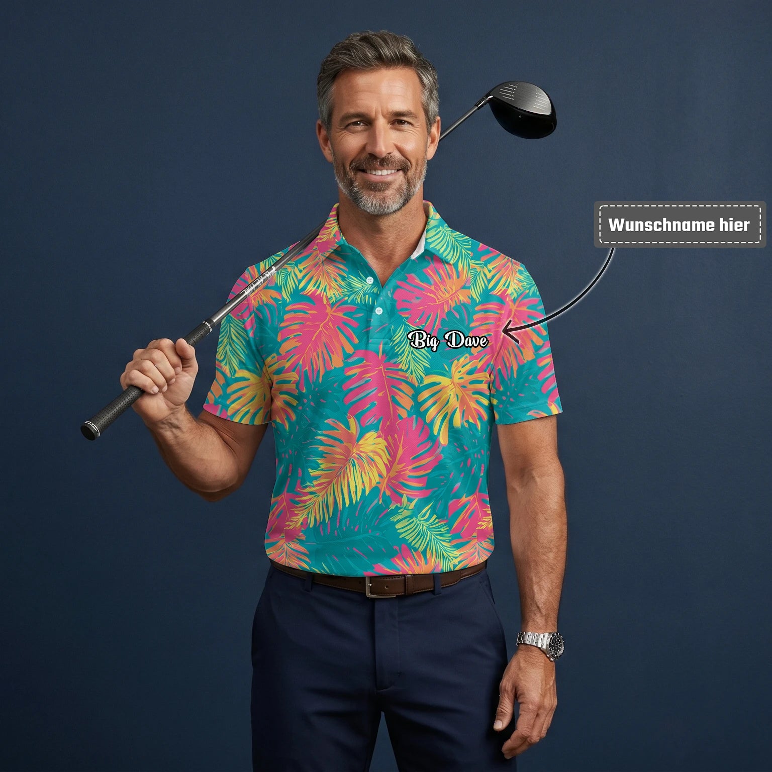 Personalisiertes Golf Poloshirt Türkis Korallenrotes Tropisches Blätter Design für Herren H8937