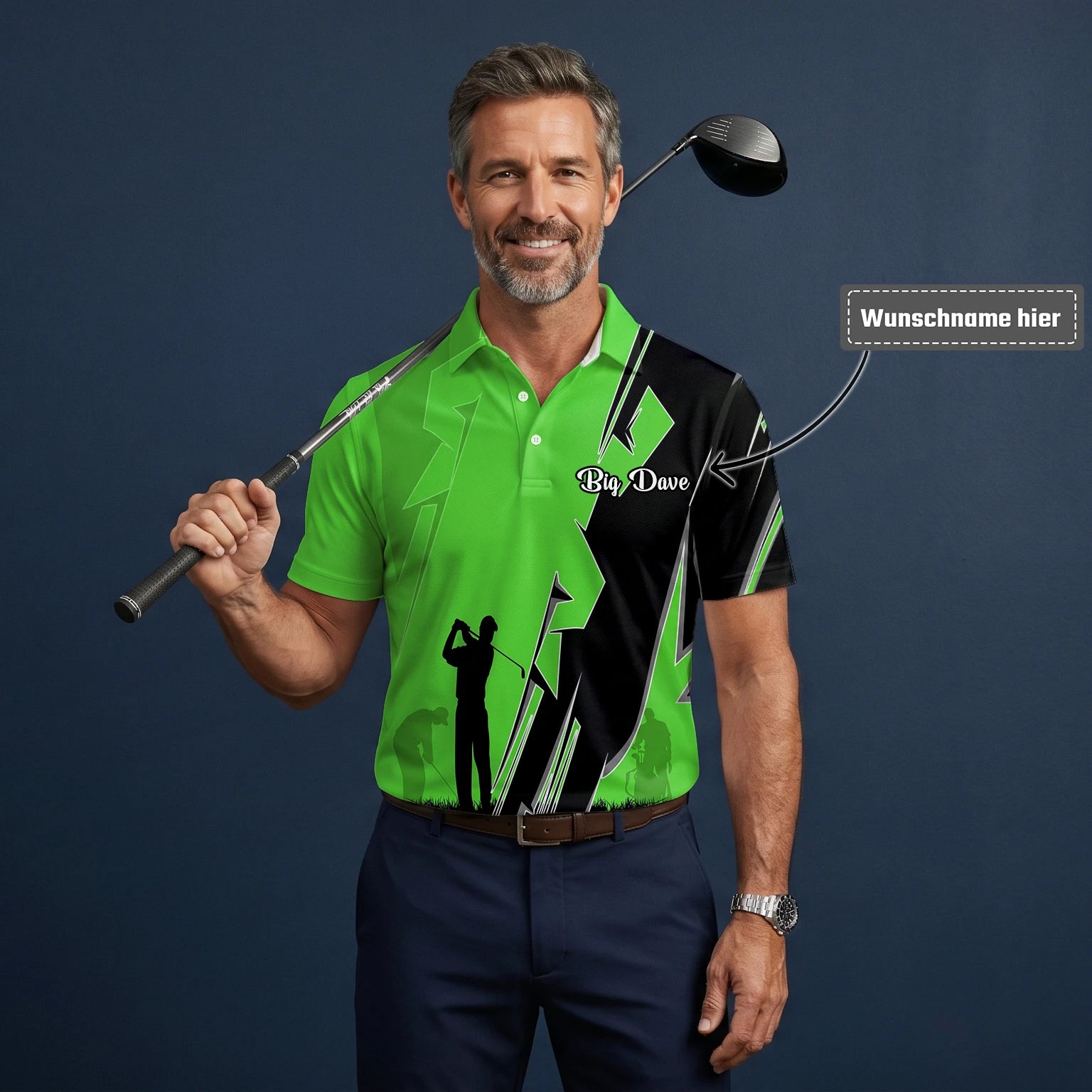 Personalisiertes Golf Poloshirt Limettengrünes Golfer Silhouetten Blitz Design für Herren V5316