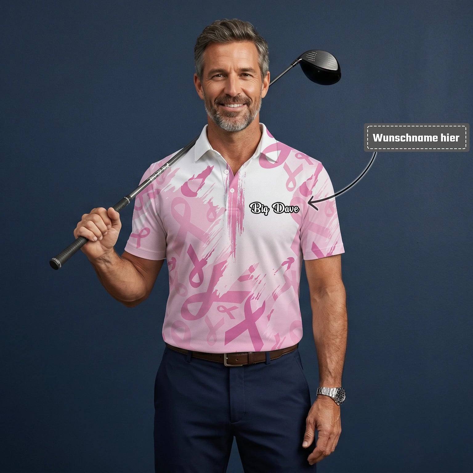 Personalisiertes Golf Poloshirt Weiß Rosa Brustkrebs Awareness Schleifen Pinselstrich Design für Herren U4702