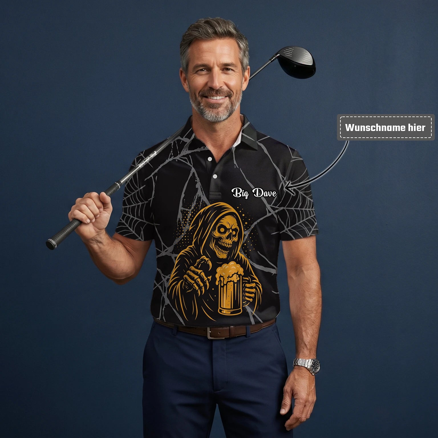 Personalisiertes Golf Poloshirt Schwarz Goldenes Sensenmann Bier Design für Herren J8667