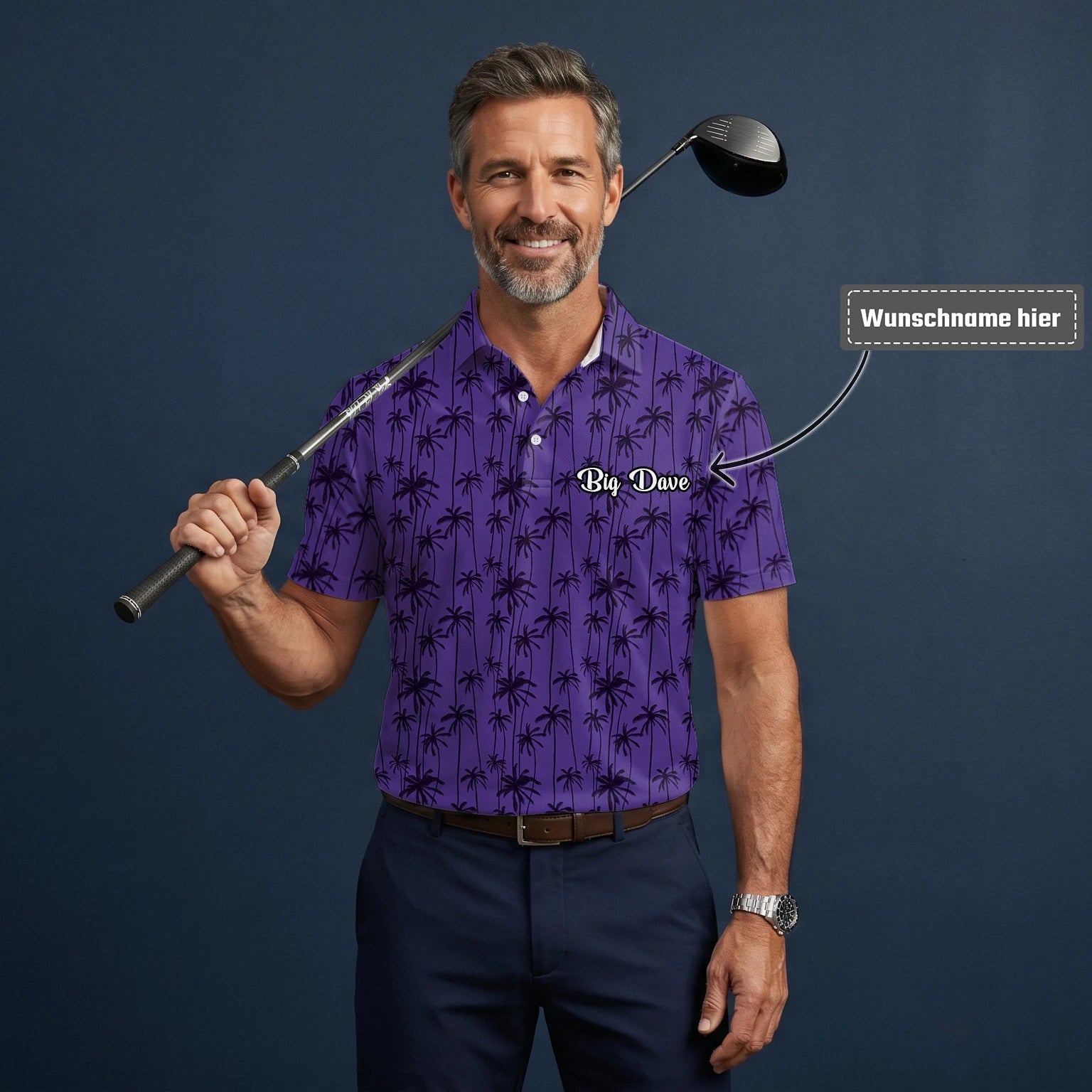 Personalisiertes Golf Poloshirt Lila Palmen Silhouetten Design für Herren P3247