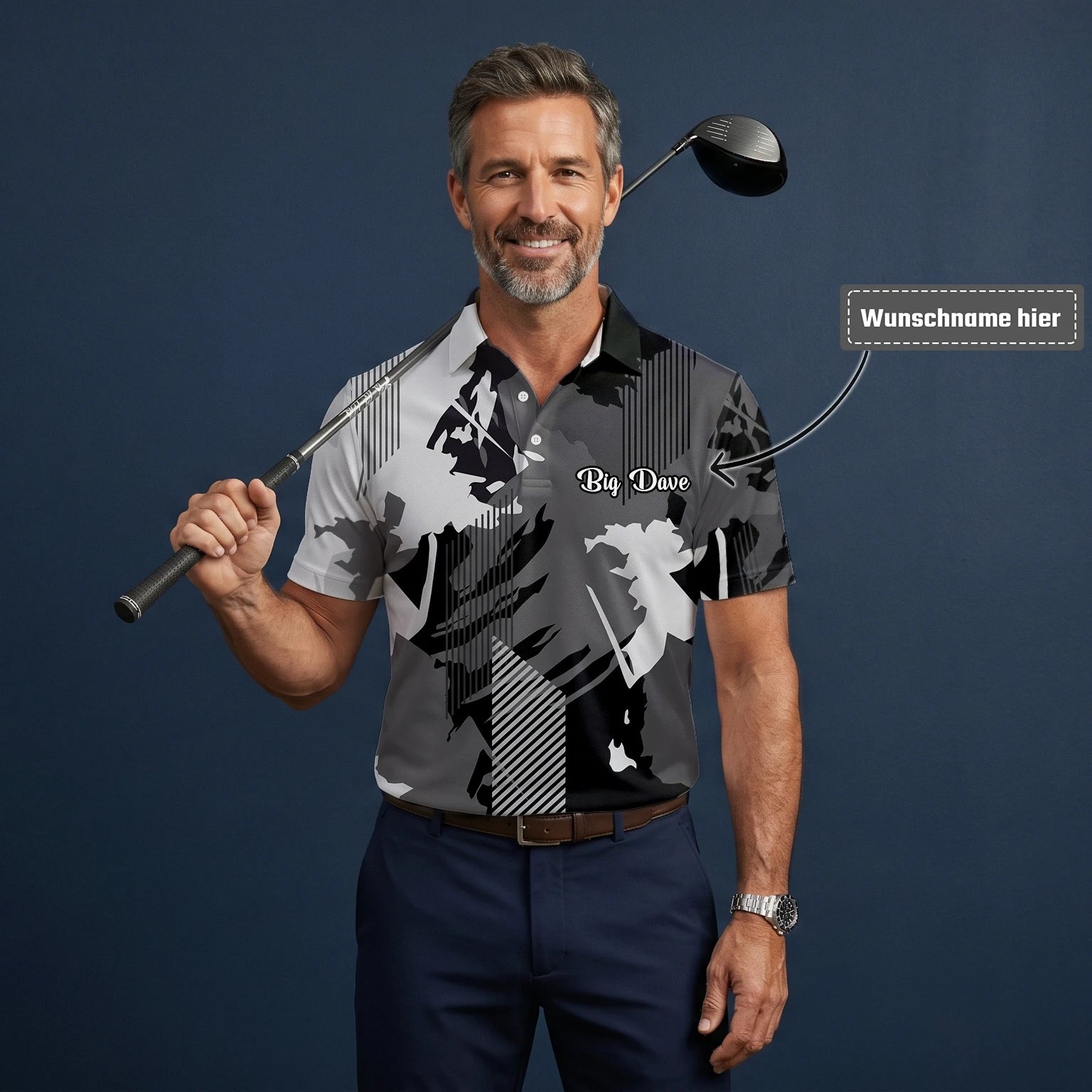 Personalisiertes Golf Poloshirt Grau Schwarzes Abstraktes Pinselstreifen Design für Herren I7293