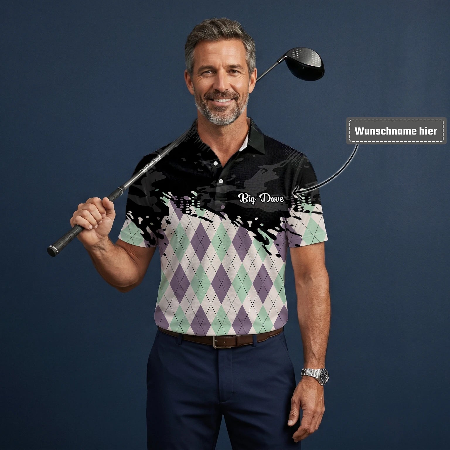 Personalisiertes Golf Poloshirt Schwarz Mint Lila Rauten Farbklecks Design für Herren C5124