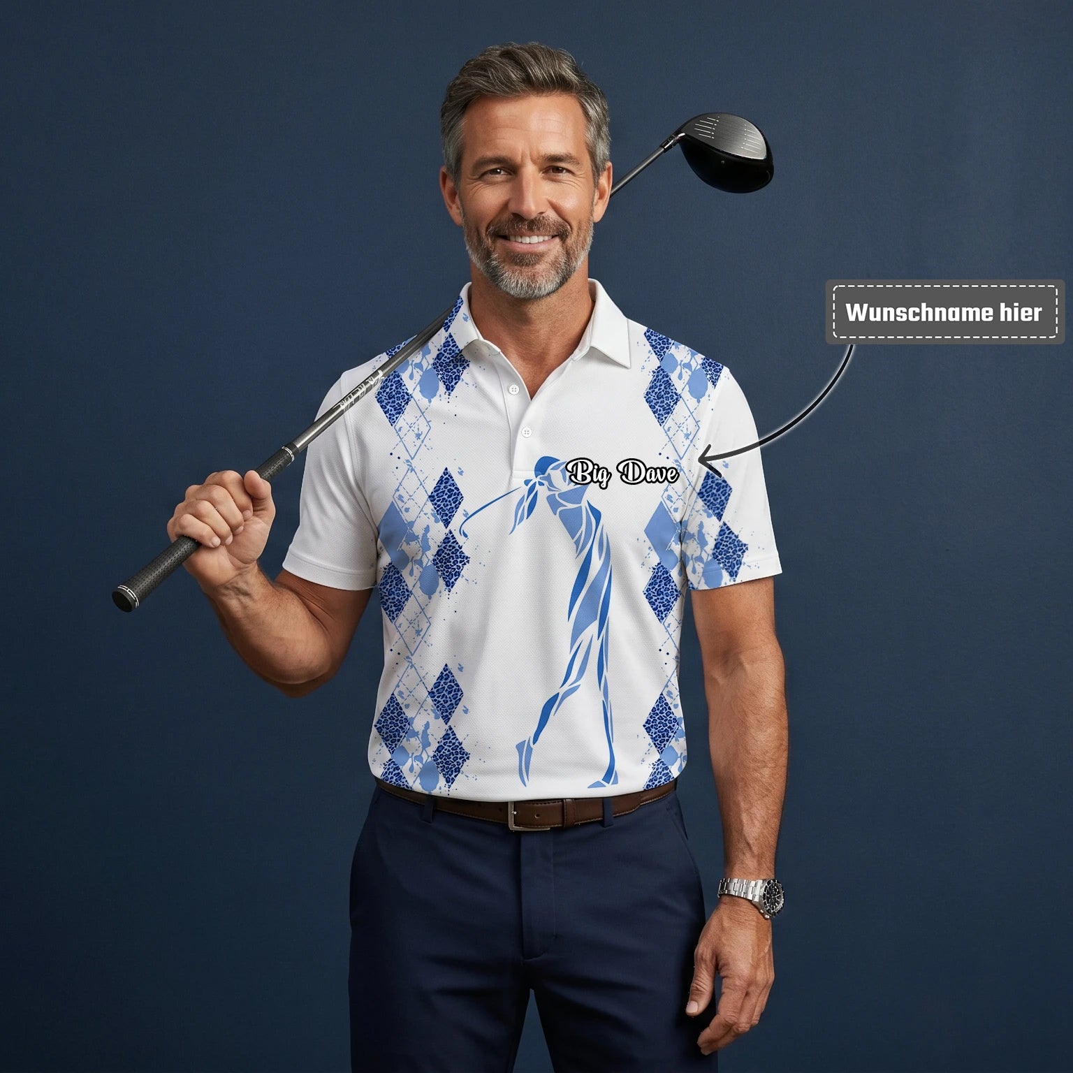Personalisiertes Golf Poloshirt Weiß Blaues Rauten Golfer Silhouetten Design für Herren M6672