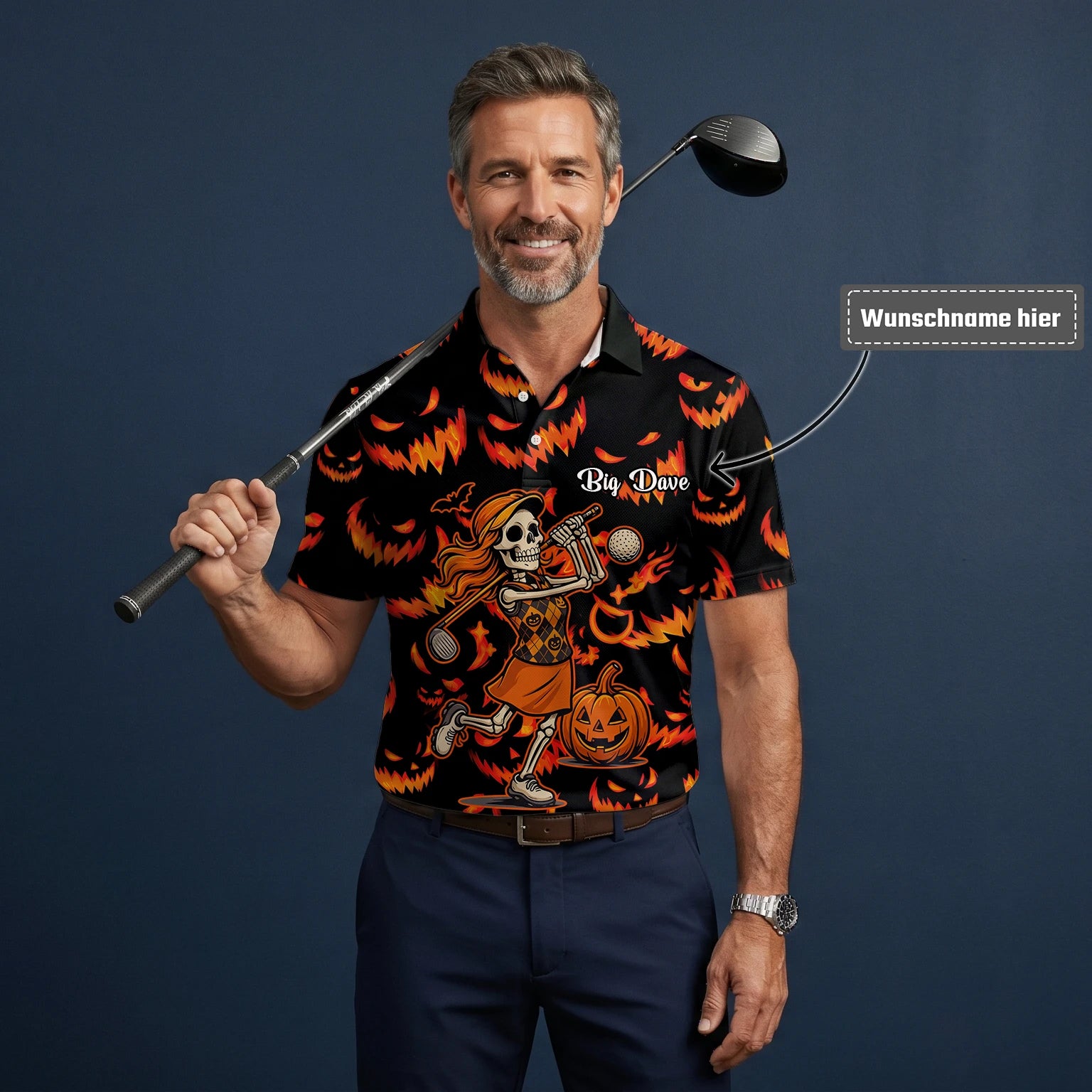 Personalisiertes Golf Poloshirt Schwarz Oranges Halloween Skelett Golfer Kürbis Design für Herren N7108