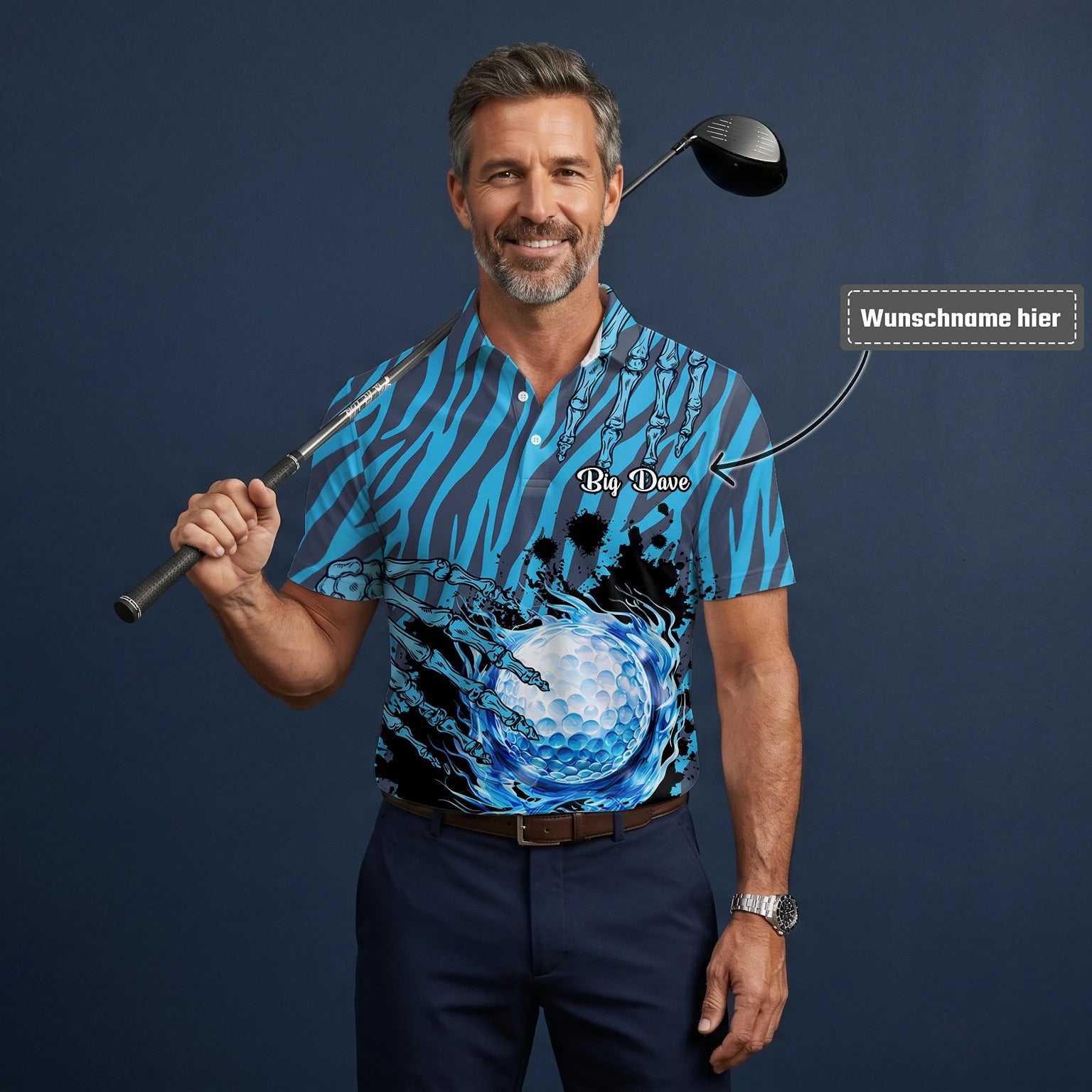 Personalisiertes Golf Poloshirt Blau Schwarzes Golfball Wasser Splash Design für Herren B9791