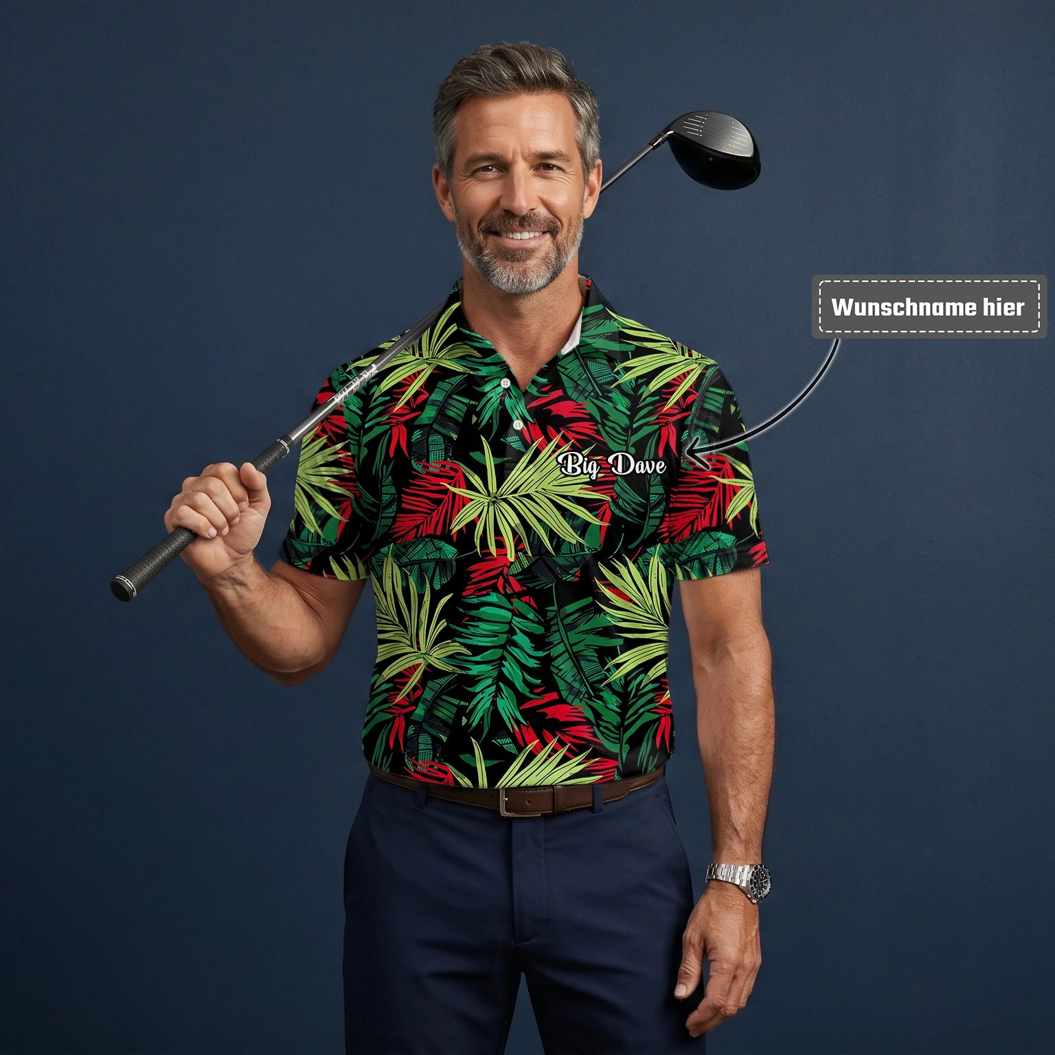 Personalisiertes Golf Poloshirt Schwarz Grün Rotes Tropisches Blätter Design für Herren U5191