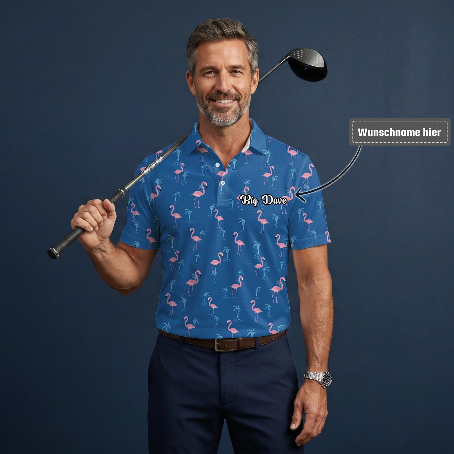 Personalisiertes Golf Poloshirt Blau Rosa Flamingo Palmen Design für Herren C8068