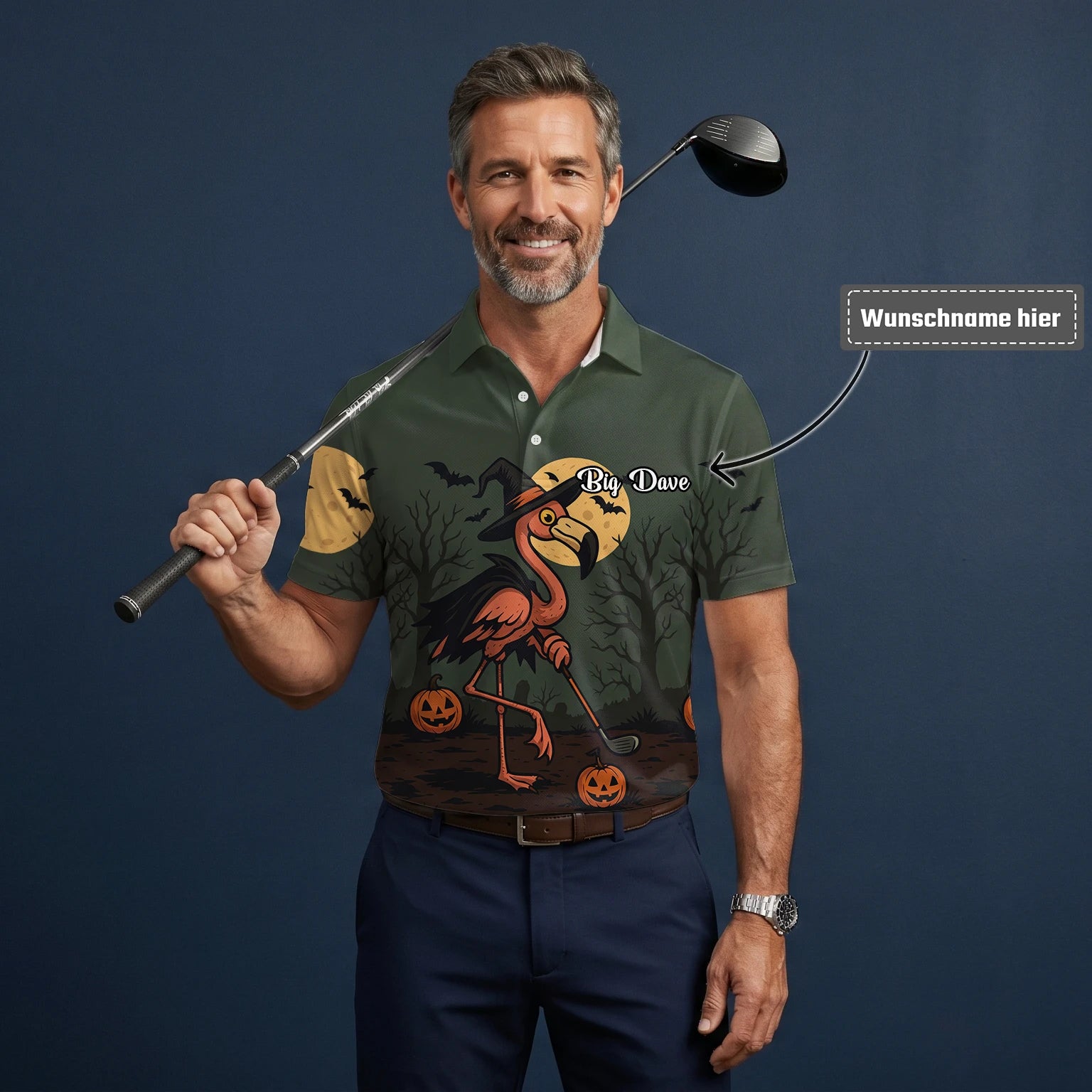 Personalisiertes Golf Poloshirt Olivgrünes Halloween Flamingo Hexe Golfer Kürbis Design für Herren X5811