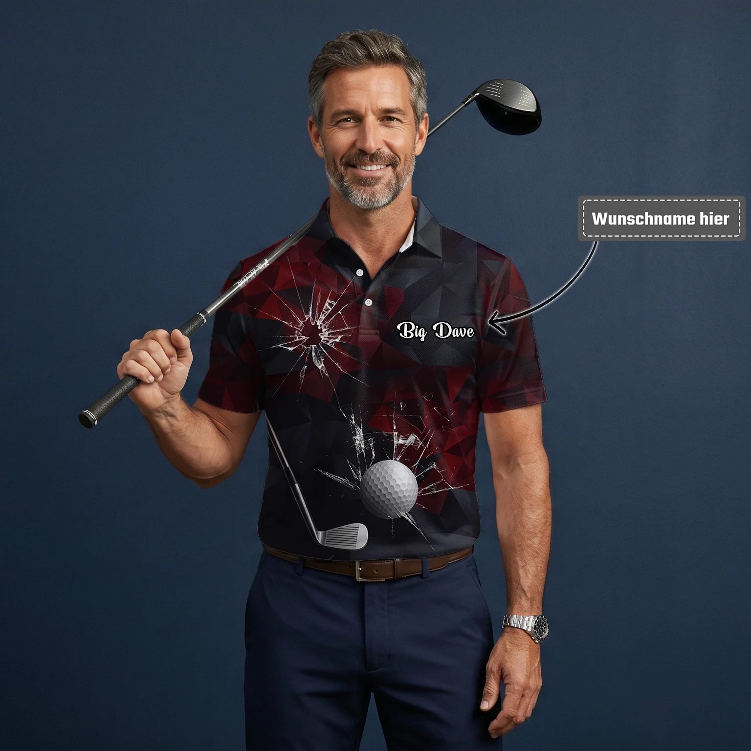 Personalisiertes Golf Poloshirt Schwarz Bordeaux Golfball Glassplitter Design für Herren R4354