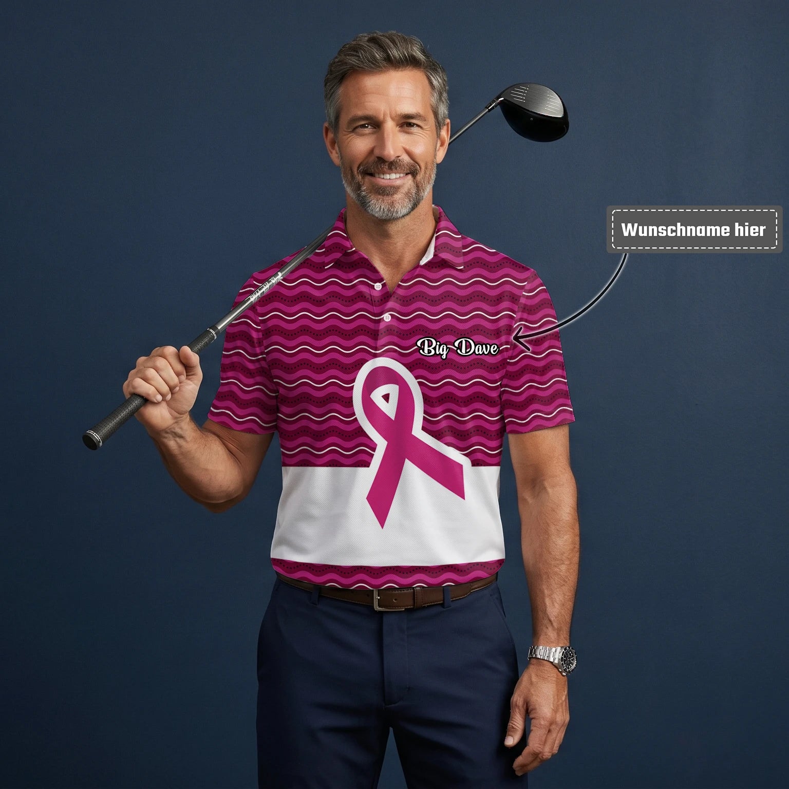 Personalisiertes Golf Poloshirt Rosa Brustkrebs Awareness Schleifen Wellen Design für Herren B1640