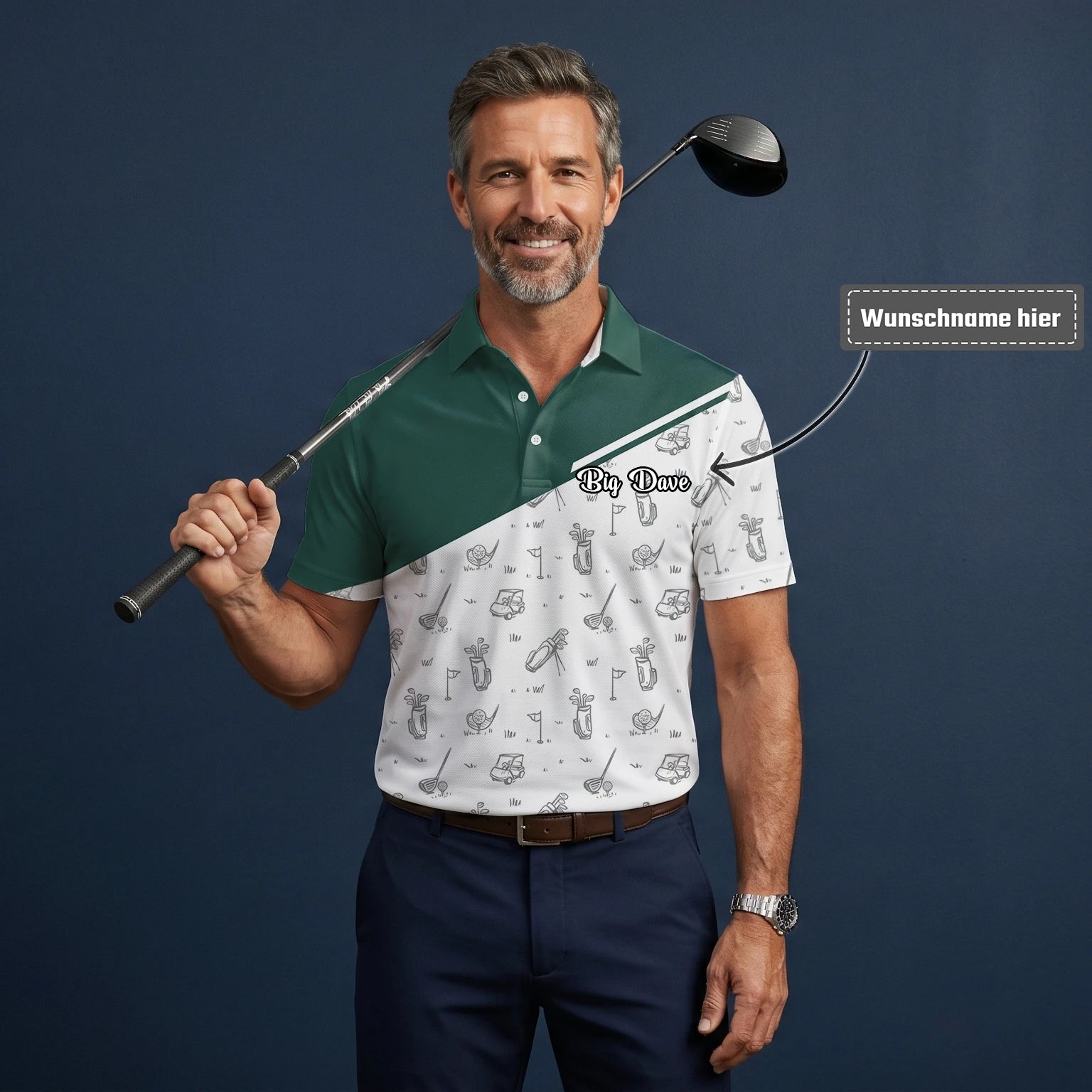 Personalisiertes Golf Poloshirt Grün Weißes Golfschläger Skizzen Design für Herren L9936