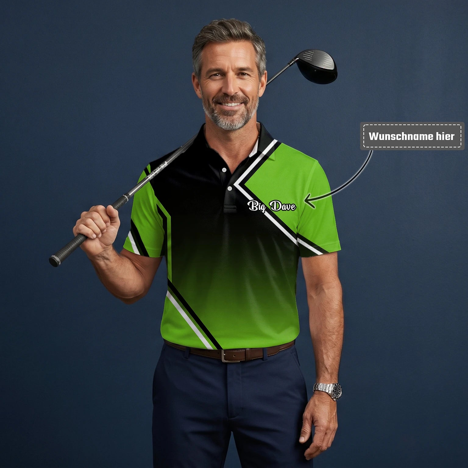Personalisiertes Golf Poloshirt Schwarz Grünes Geometrisches Streifen Design für Herren V2638