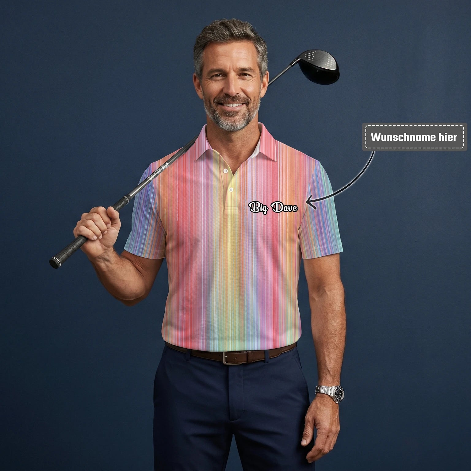 Personalisiertes Golf Poloshirt Pastell Regenbogen Streifen Design für Herren C5307