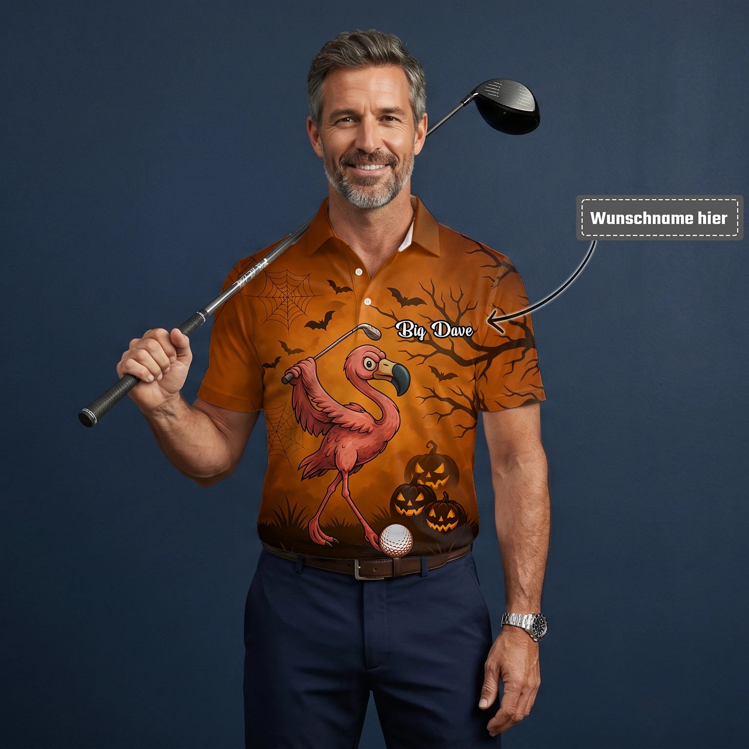 Personalisiertes Golf Poloshirt Orange Halloween Flamingo Golfer Kürbis Design für Herren V7072