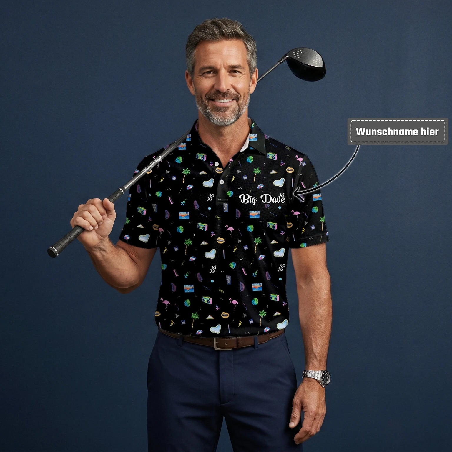 Personalisiertes Golf Poloshirt Schwarzes Urlaub Reise Doodle Design für Herren V7883