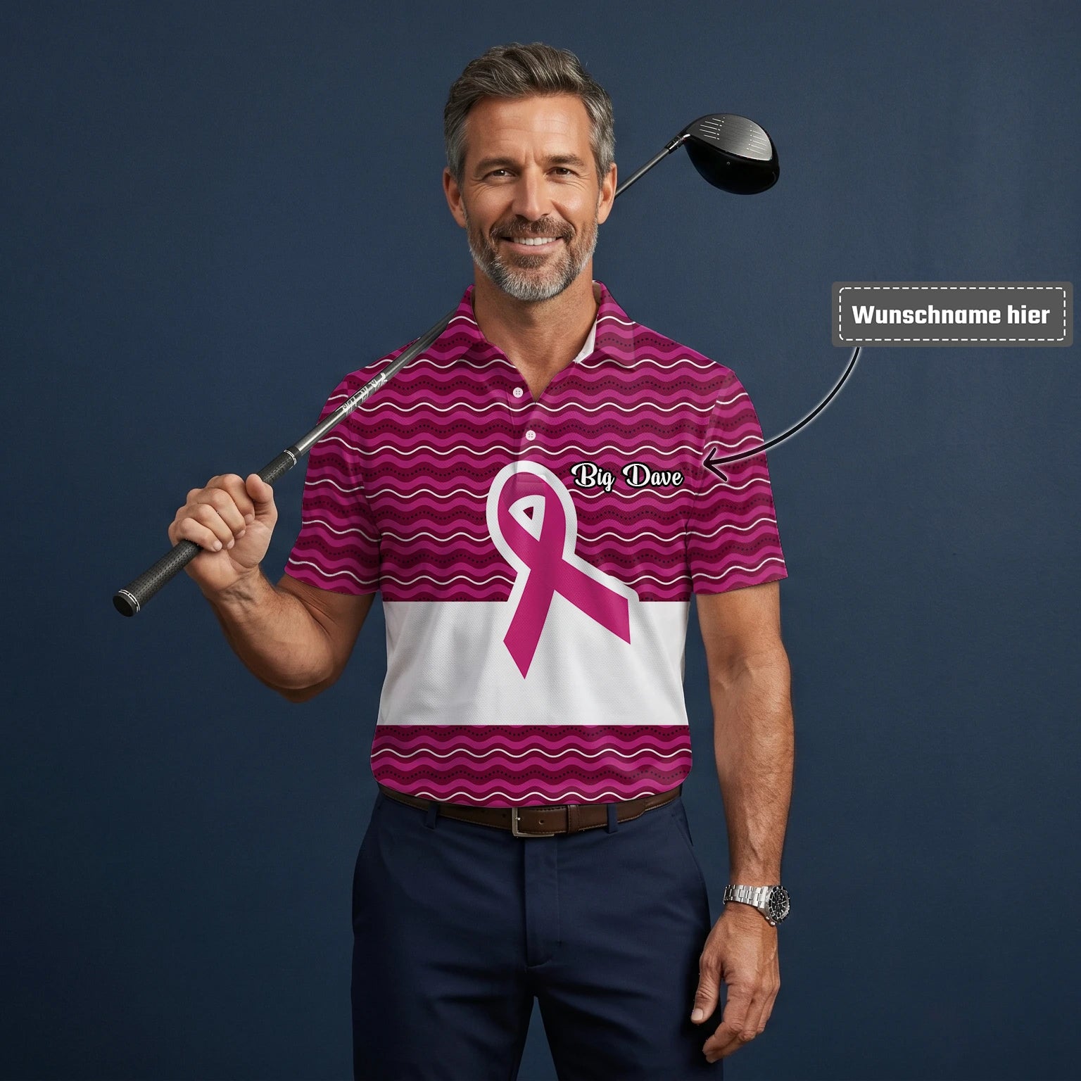 Personalisiertes Golf Poloshirt Rosa Brustkrebs Awareness Schleifen Wellen Design für Herren B1640