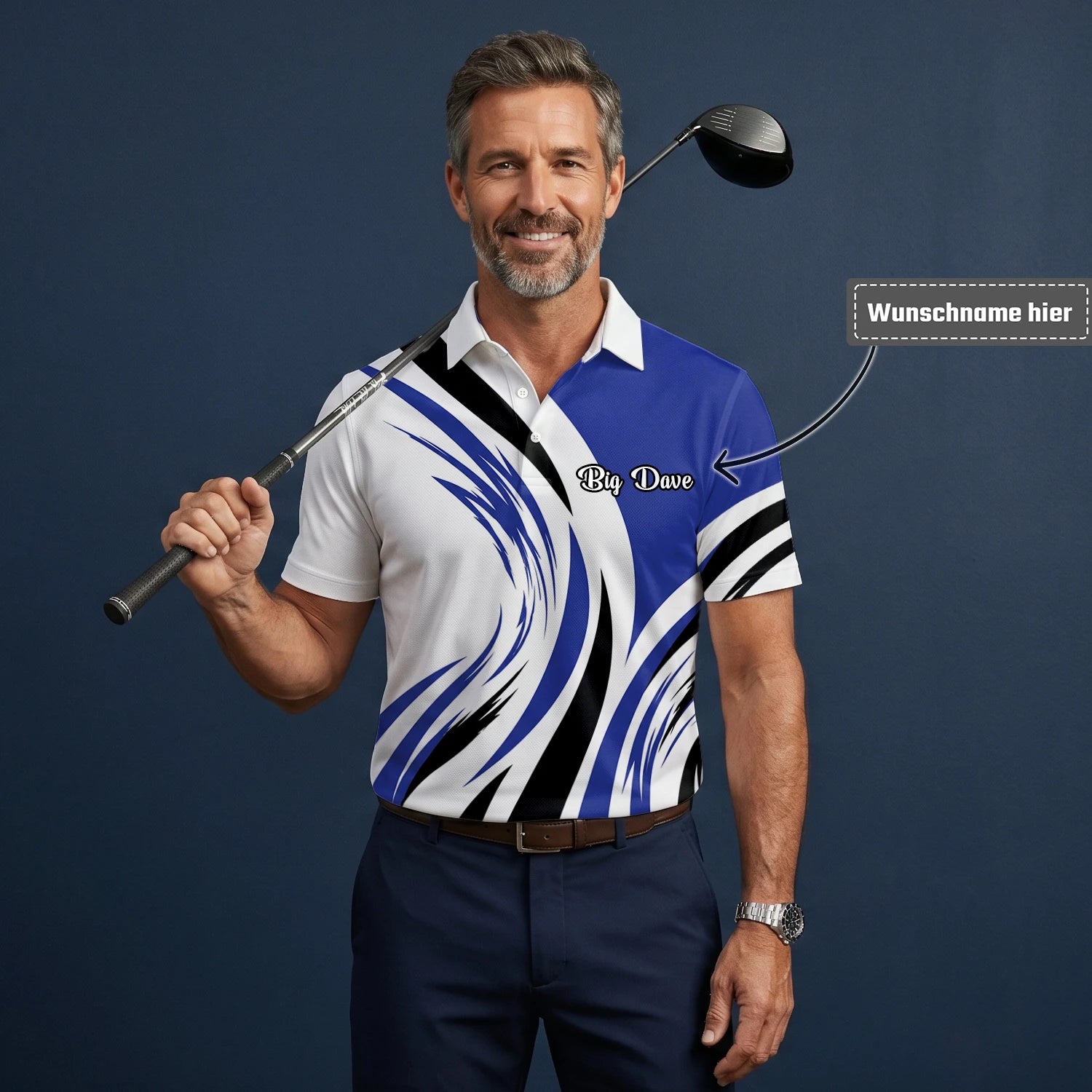 Personalisiertes Golf Poloshirt Weiß Blau Schwarzes Abstraktes Wellen Design für Herren V7849