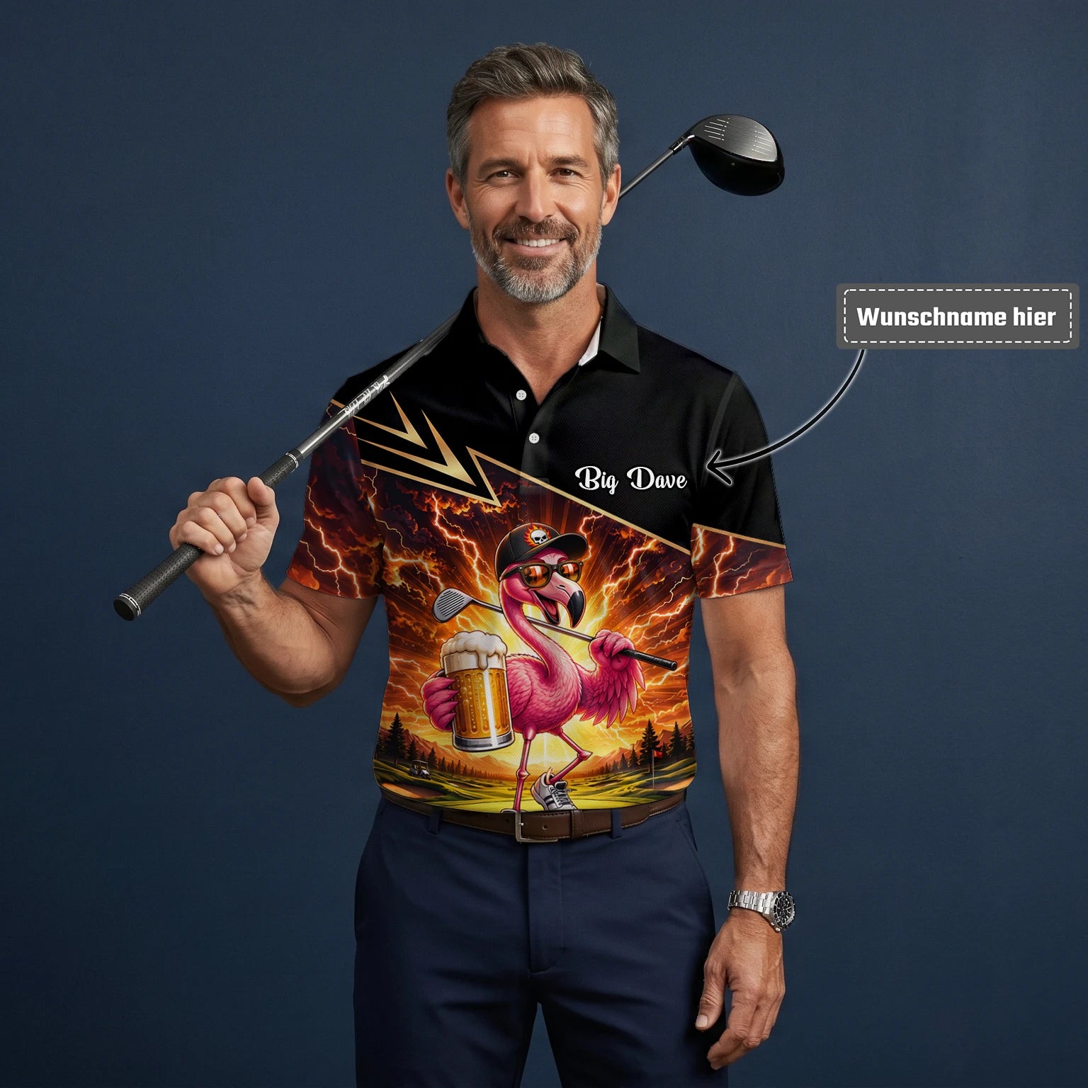 Personalisiertes Golf Poloshirt Schwarz Orange Flamingo Bier Golfer Blitz Design für Herren E3673