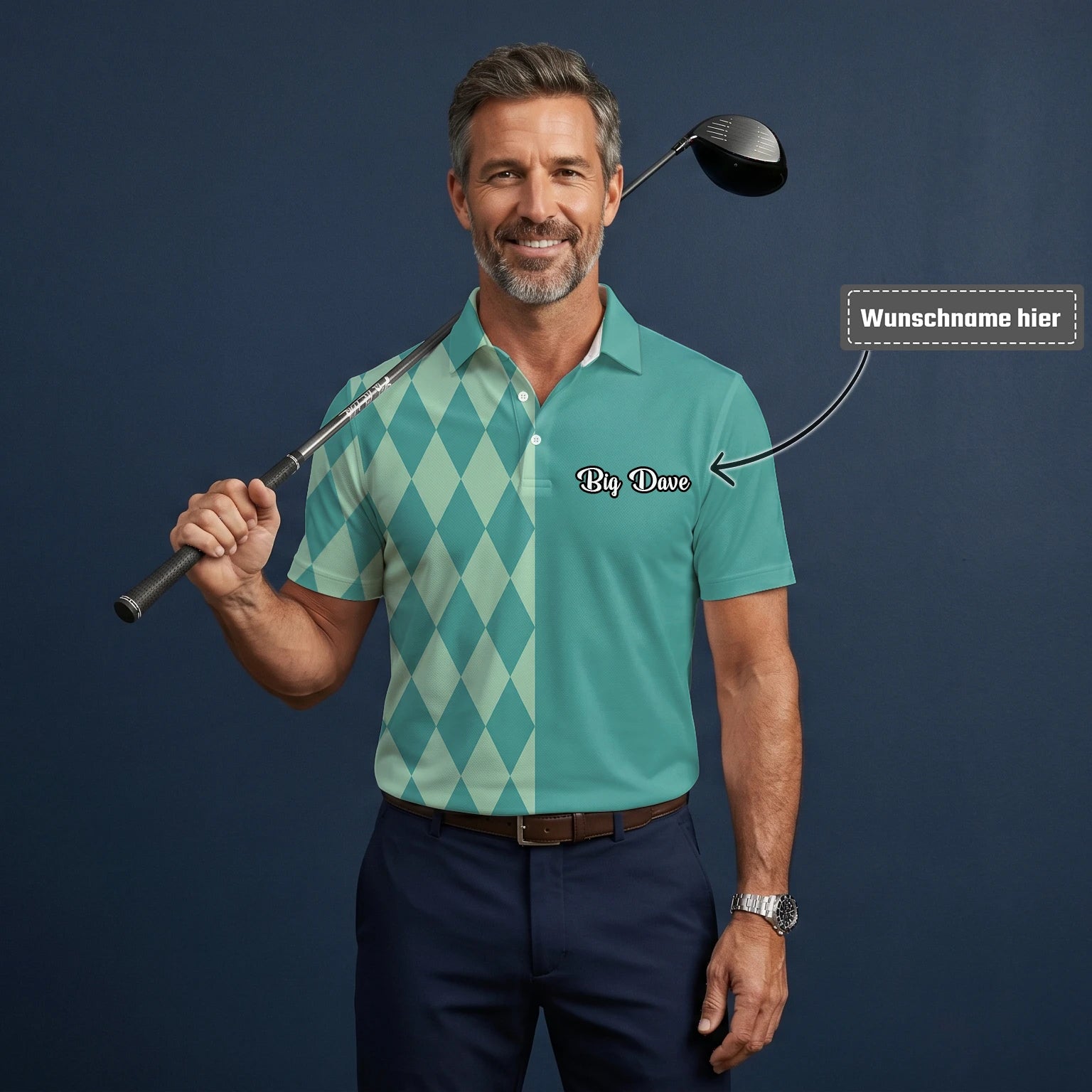 Personalisiertes Golf Poloshirt Türkis Mint Rauten Muster für Herren A8483