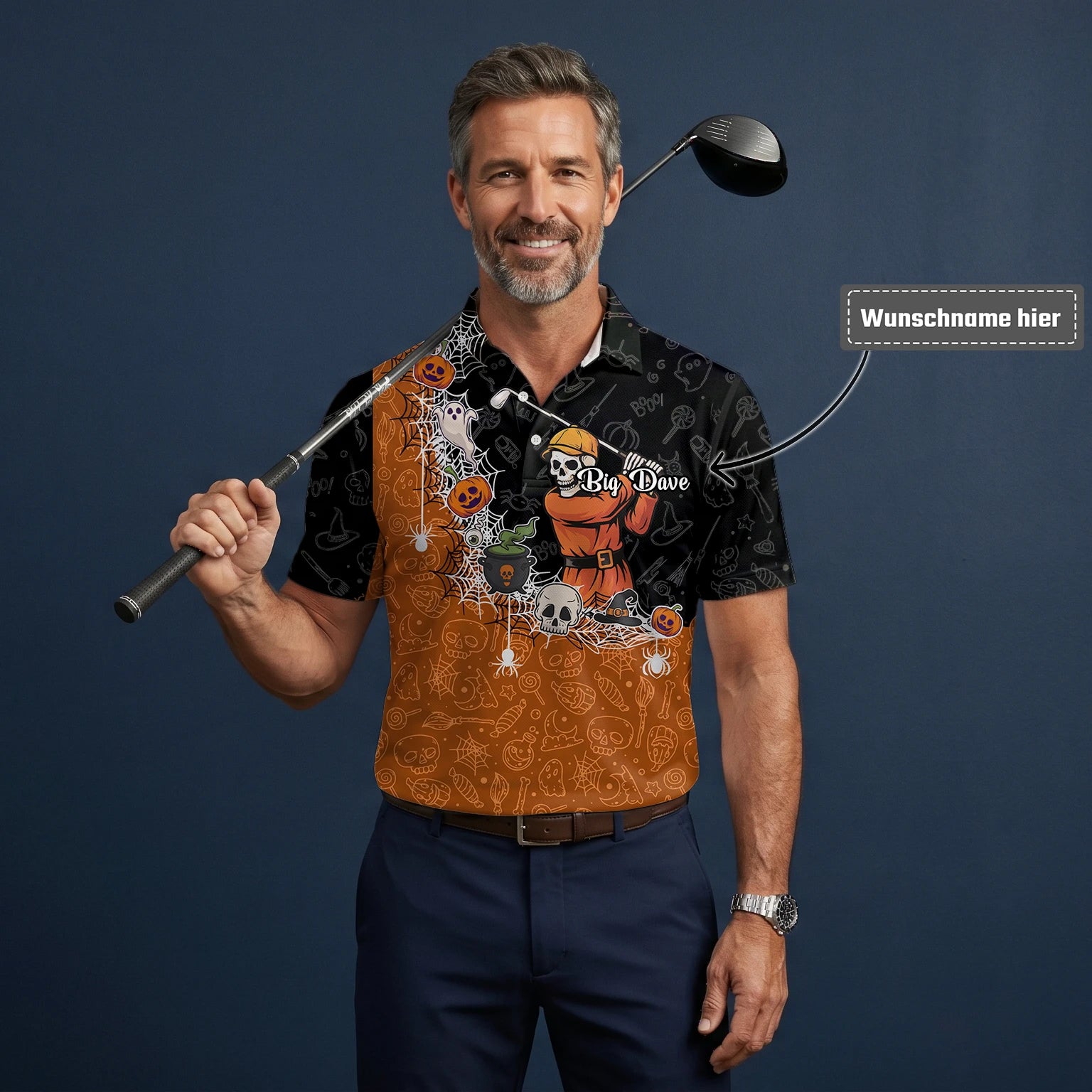 Personalisiertes Golf Poloshirt Schwarz Orange Halloween Skelett Golfer Spinnennetz Design für Herren Y5076