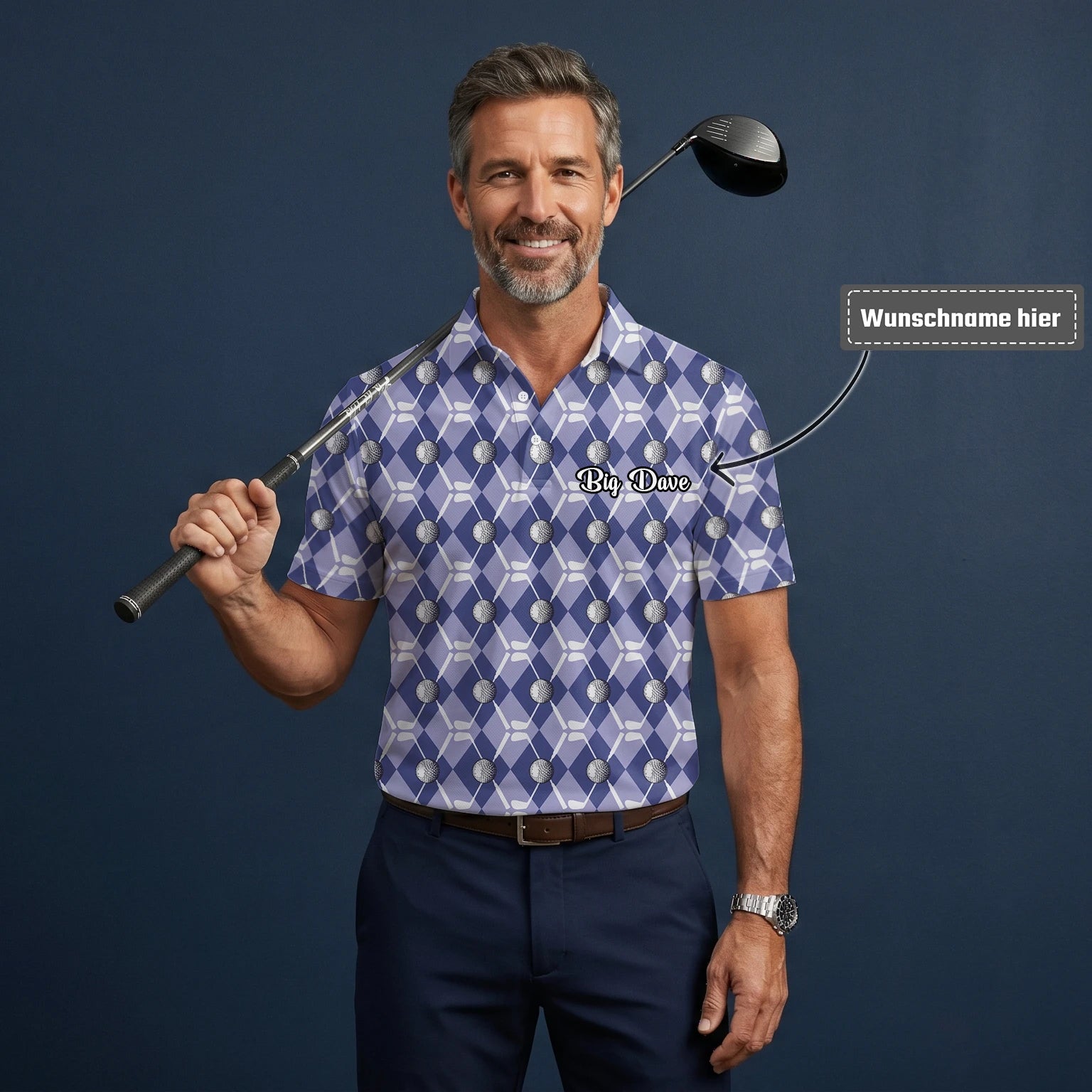 Personalisiertes Golf Poloshirt Blaues Rauten Golfball Golfschläger Design für Herren F3847