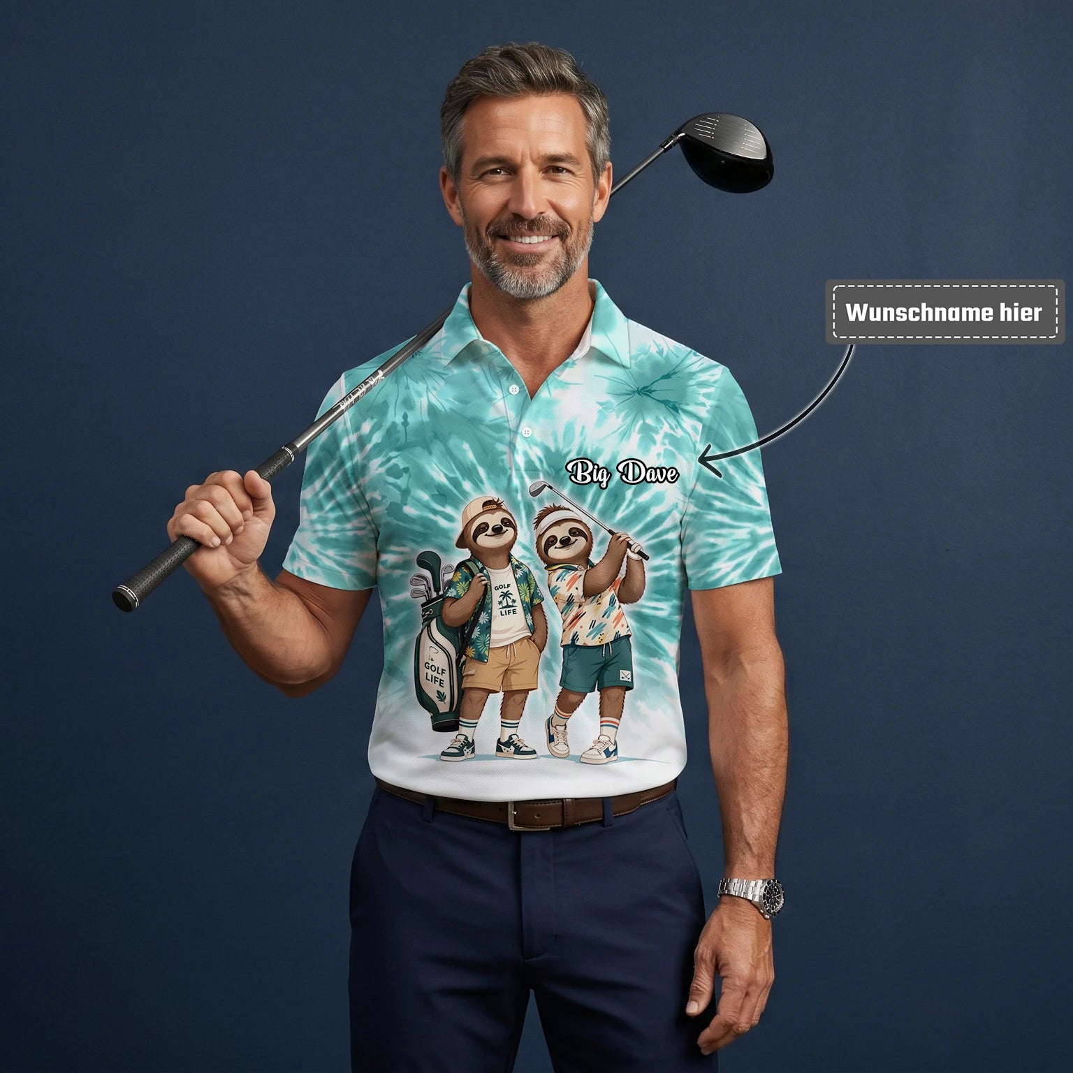 Personalisiertes Golf Poloshirt Türkis Faultier Golfer Cartoon Design für Herren C1614