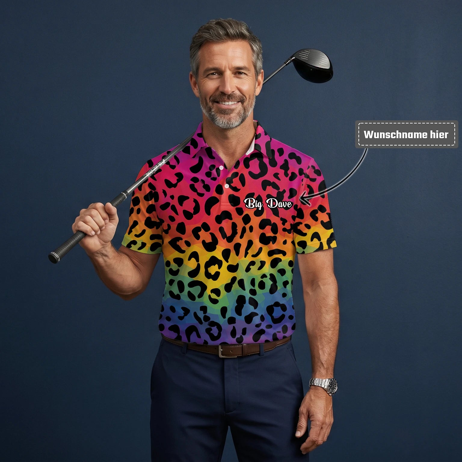Personalisiertes Golf Poloshirt Regenbogen Leo Print Design für Herren X1632