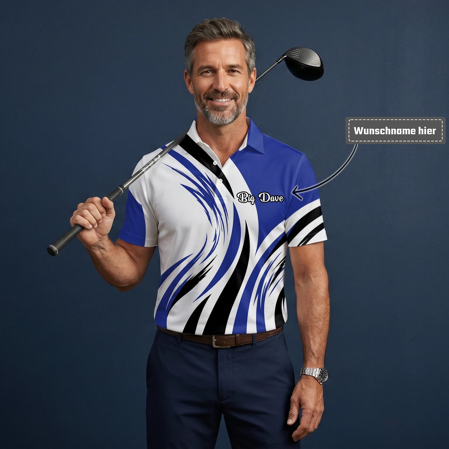 Personalisiertes Golf Poloshirt Weiß Blau Schwarzes Abstraktes Wellen Design für Herren V7849