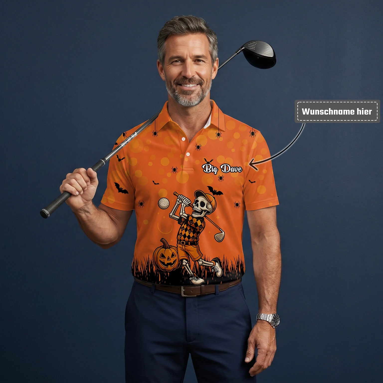 Personalisiertes Golf Poloshirt Orange Halloween Skelett Golfer Design für Herren D3851