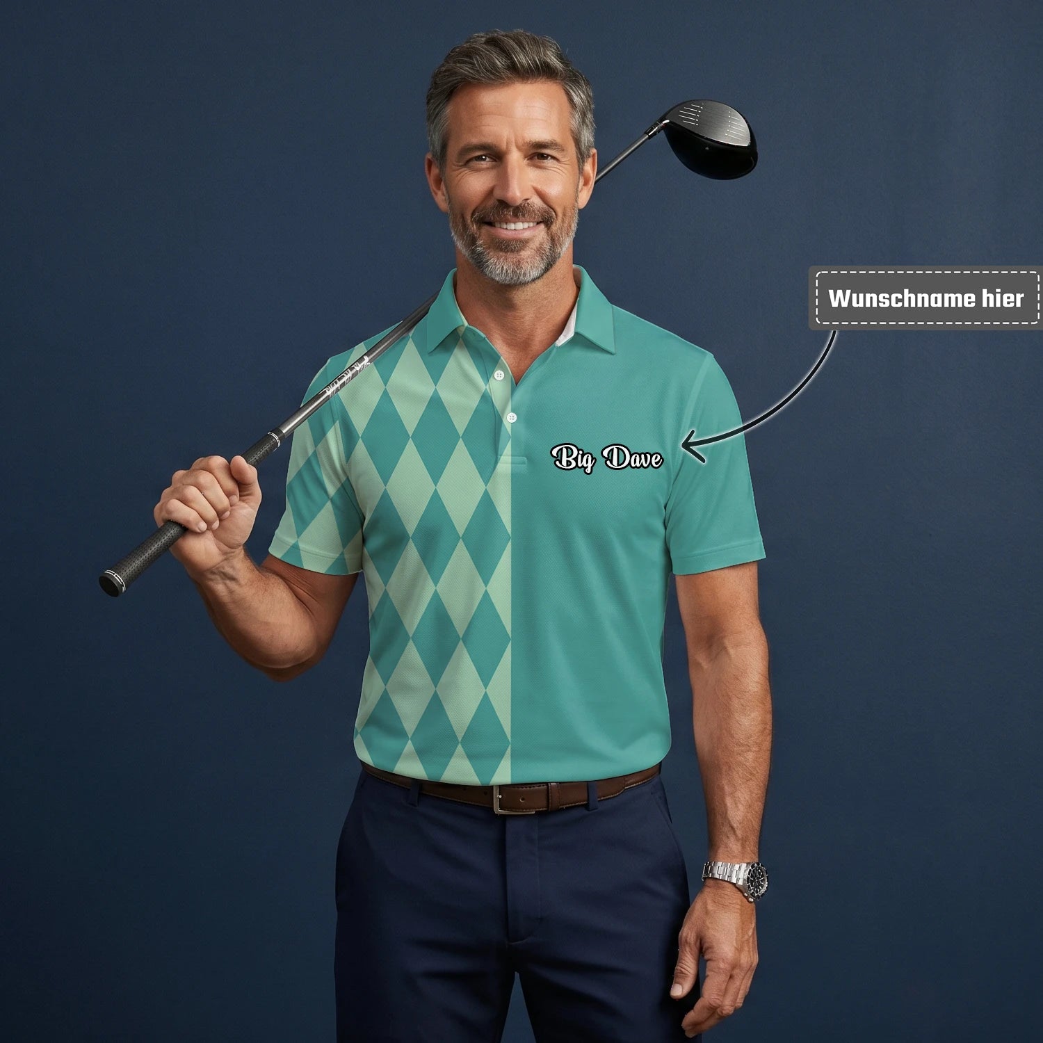 Personalisiertes Golf Poloshirt Türkis Mint Rauten Muster für Herren A8483
