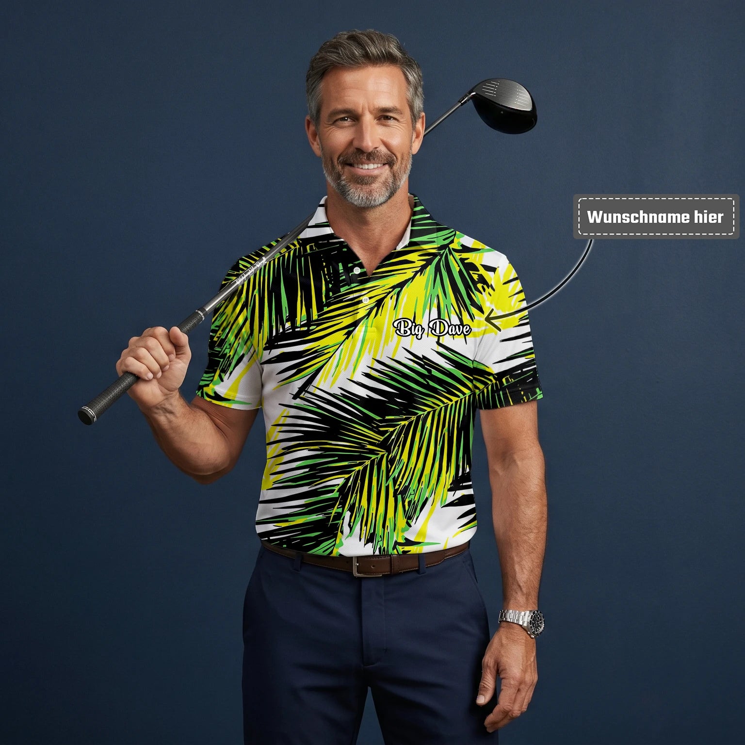 Personalisiertes Golf Poloshirt Schwarz Limettengrünes Tropisches Palmenblätter Design für Herren R3070