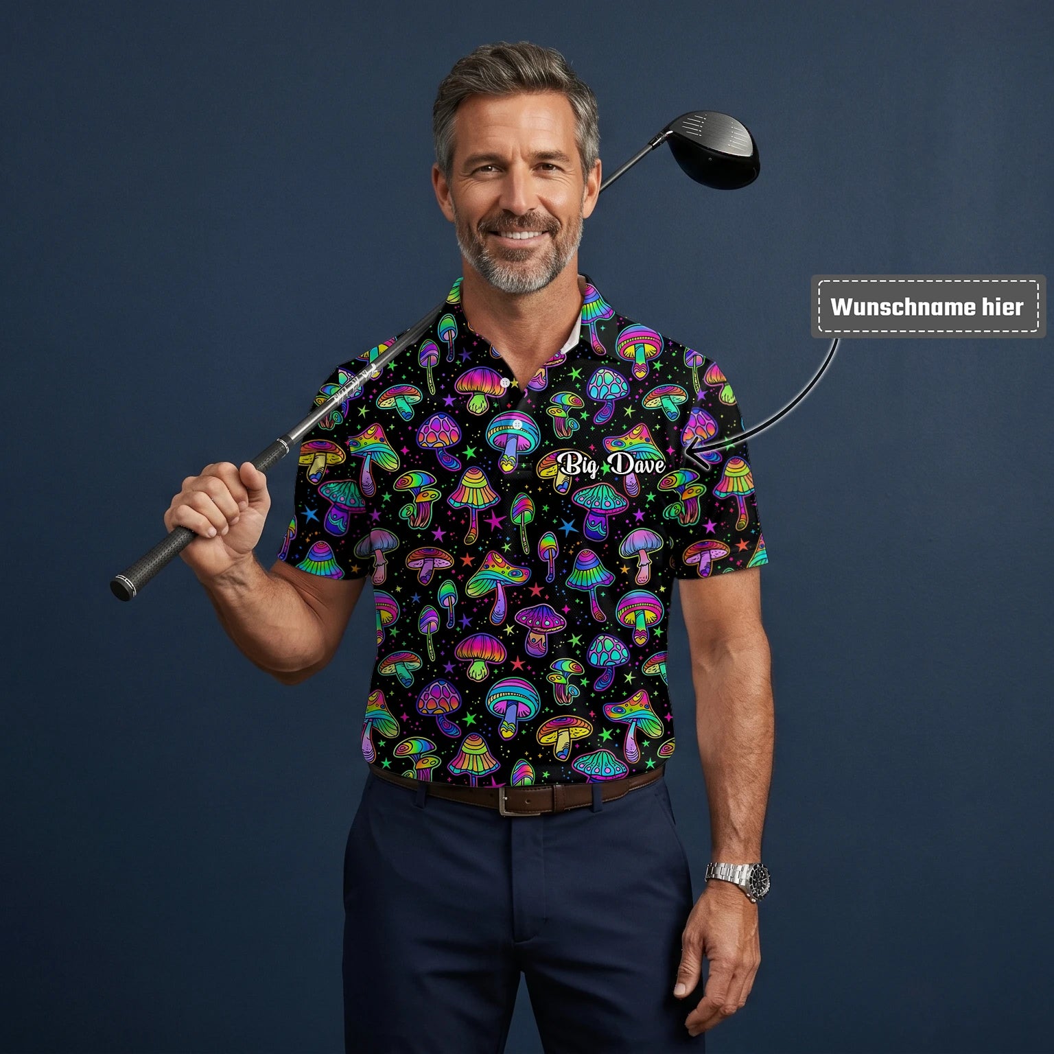 Personalisiertes Golf Poloshirt Schwarz Neon Pilz Psychedelisches Design für Herren L0182
