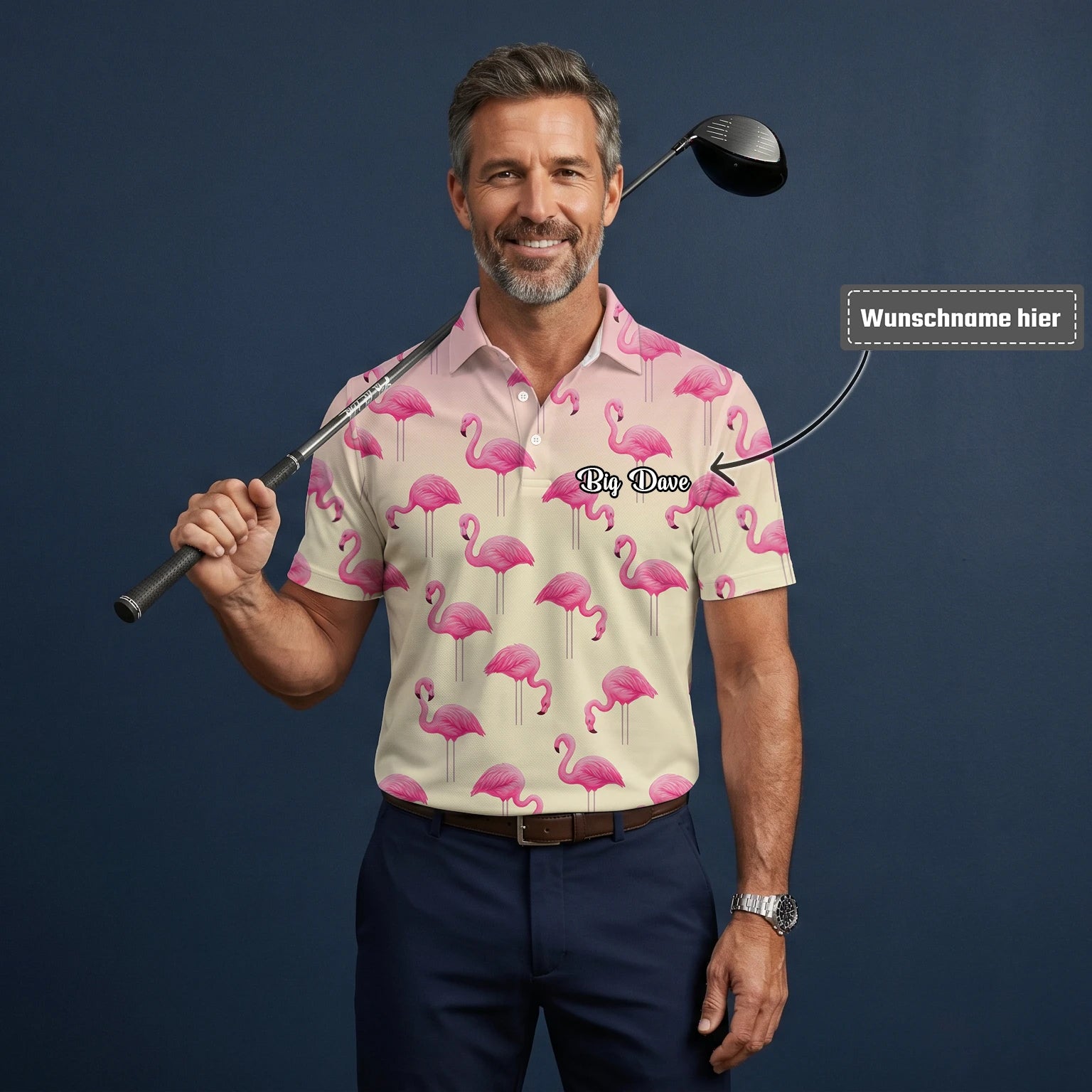 Personalisiertes Golf Poloshirt Creme Rosa Flamingo Design für Herren P5242